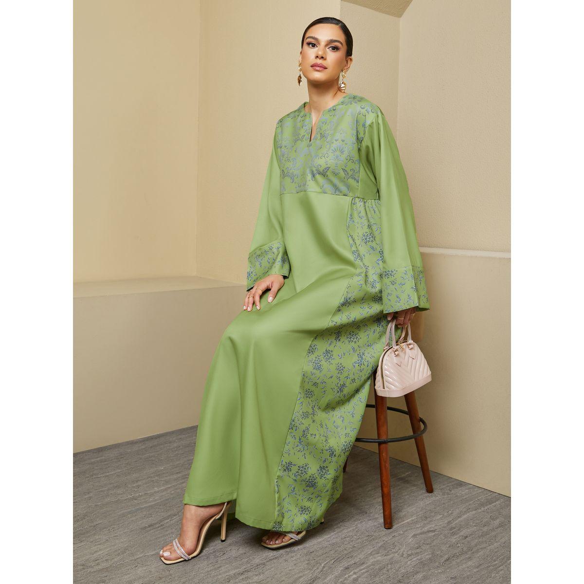 Styli Printed Panel A-Line Notch Neck Jalabiya-women-arabicclothing-jalabiyas-image-1