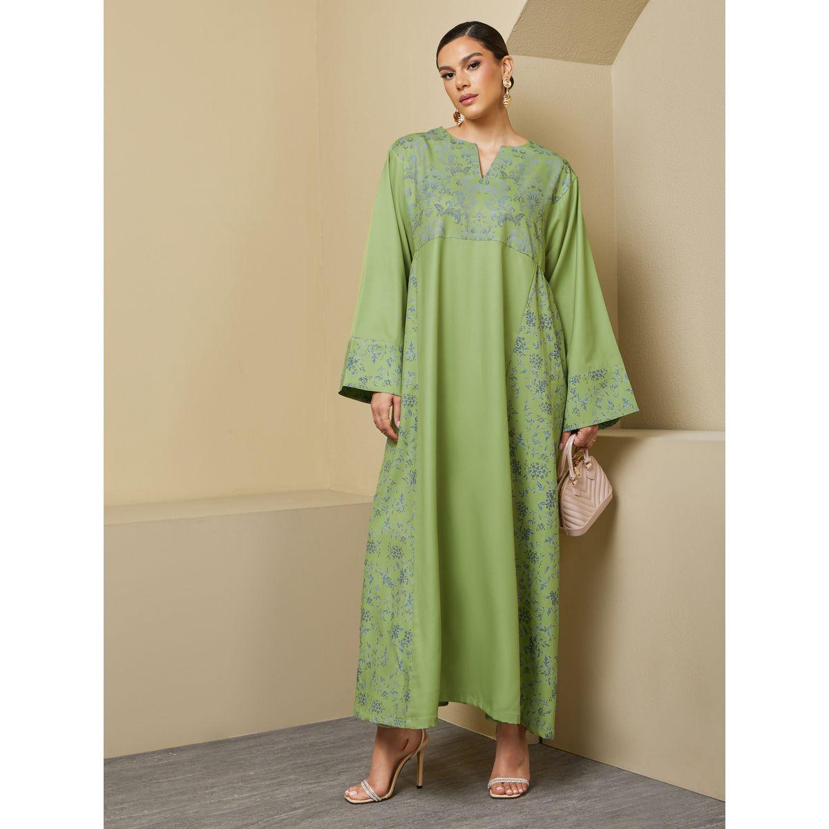 Styli Printed Panel A-Line Notch Neck Jalabiya-women-arabicclothing-jalabiyas-image-2