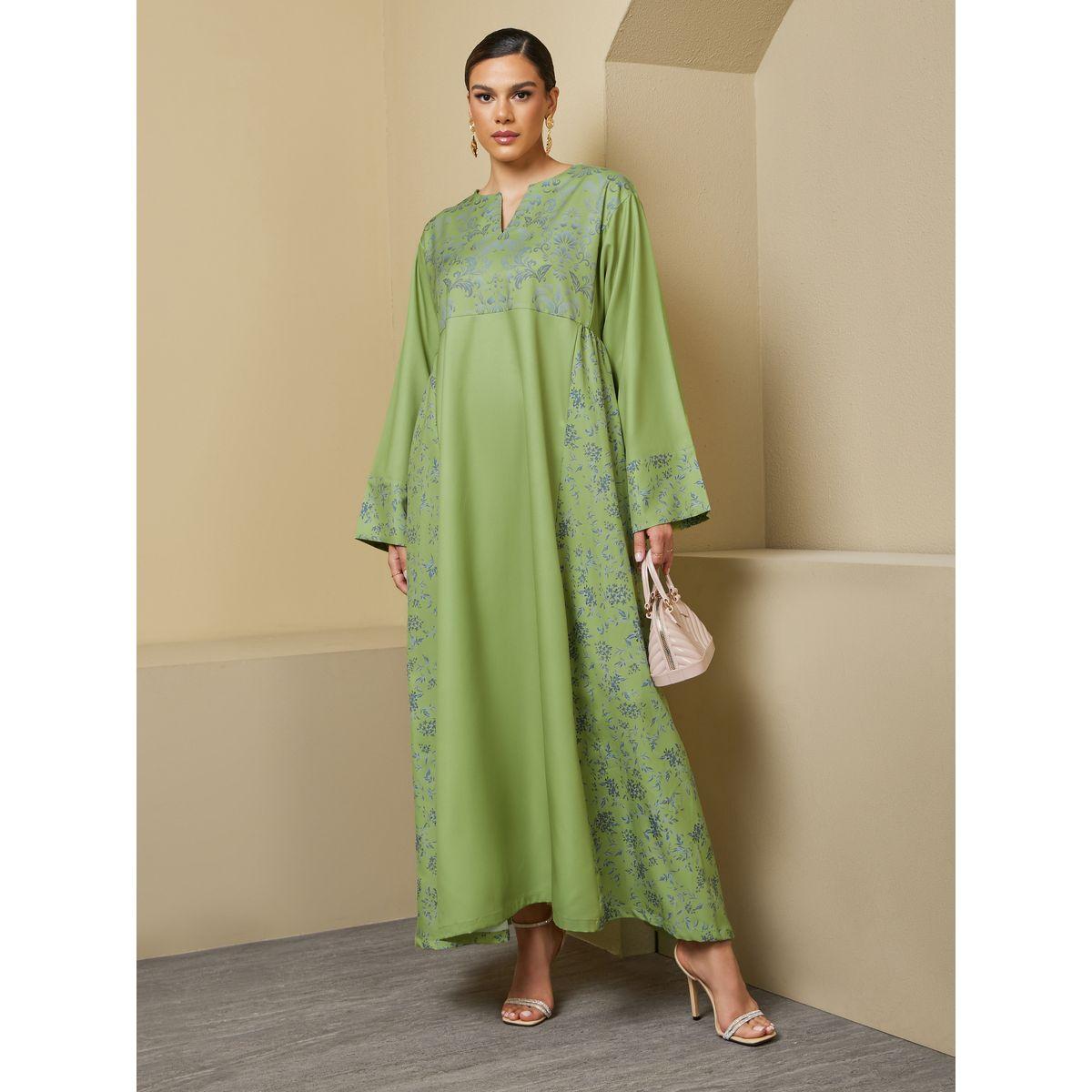 Styli Printed Panel A-Line Notch Neck Jalabiya-women-arabicclothing-jalabiyas-image-3
