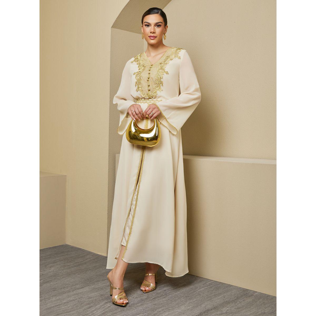 Amirah X Styli A-Line Front Slit Kaftan with Moroccan Buttons and Lace Details-women-arabicclothing-kaftan-image-1