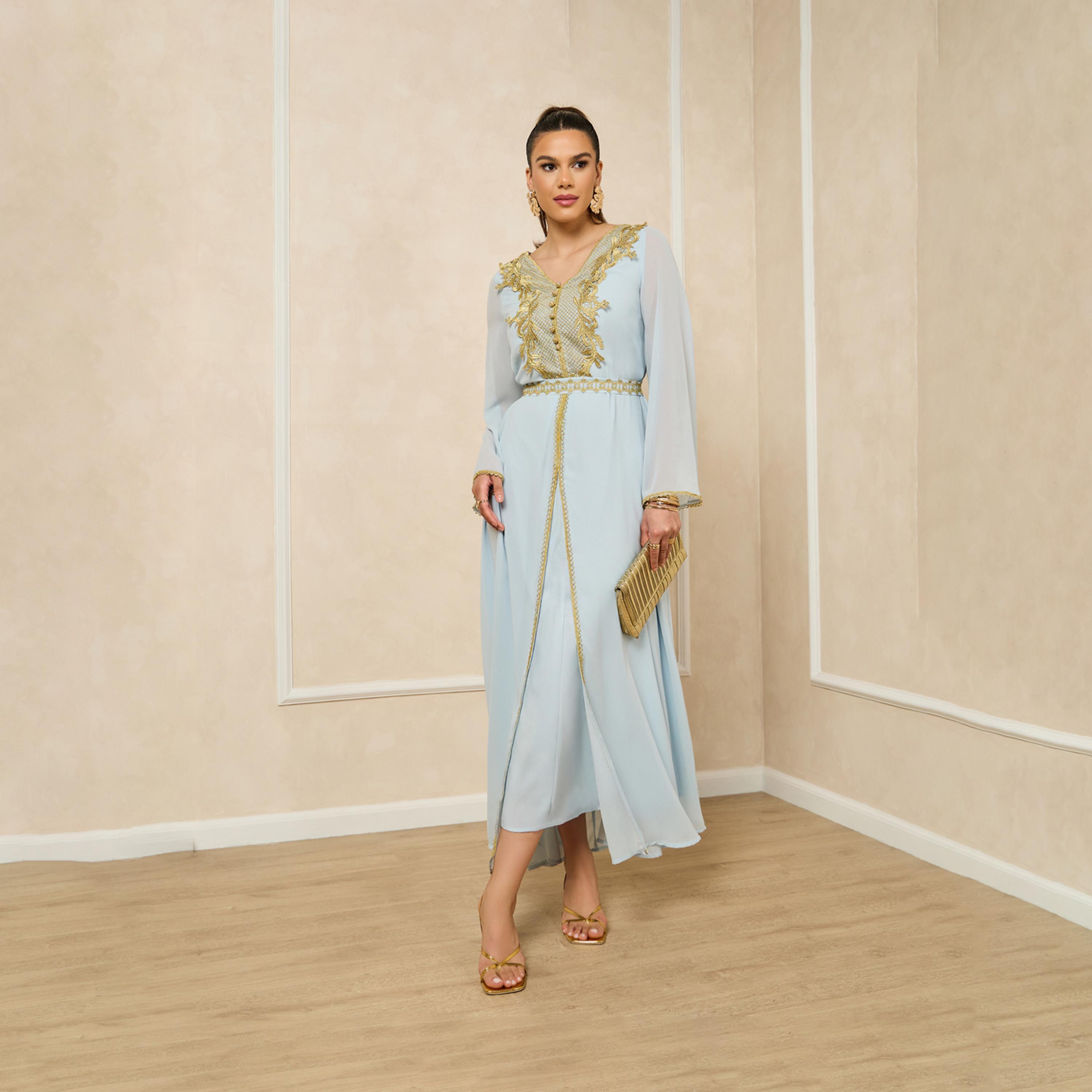 Styli Embroidered V-Neck Lace Insert Kaftan With Buttons Detail-women-arabicclothing-kaftan-image-1