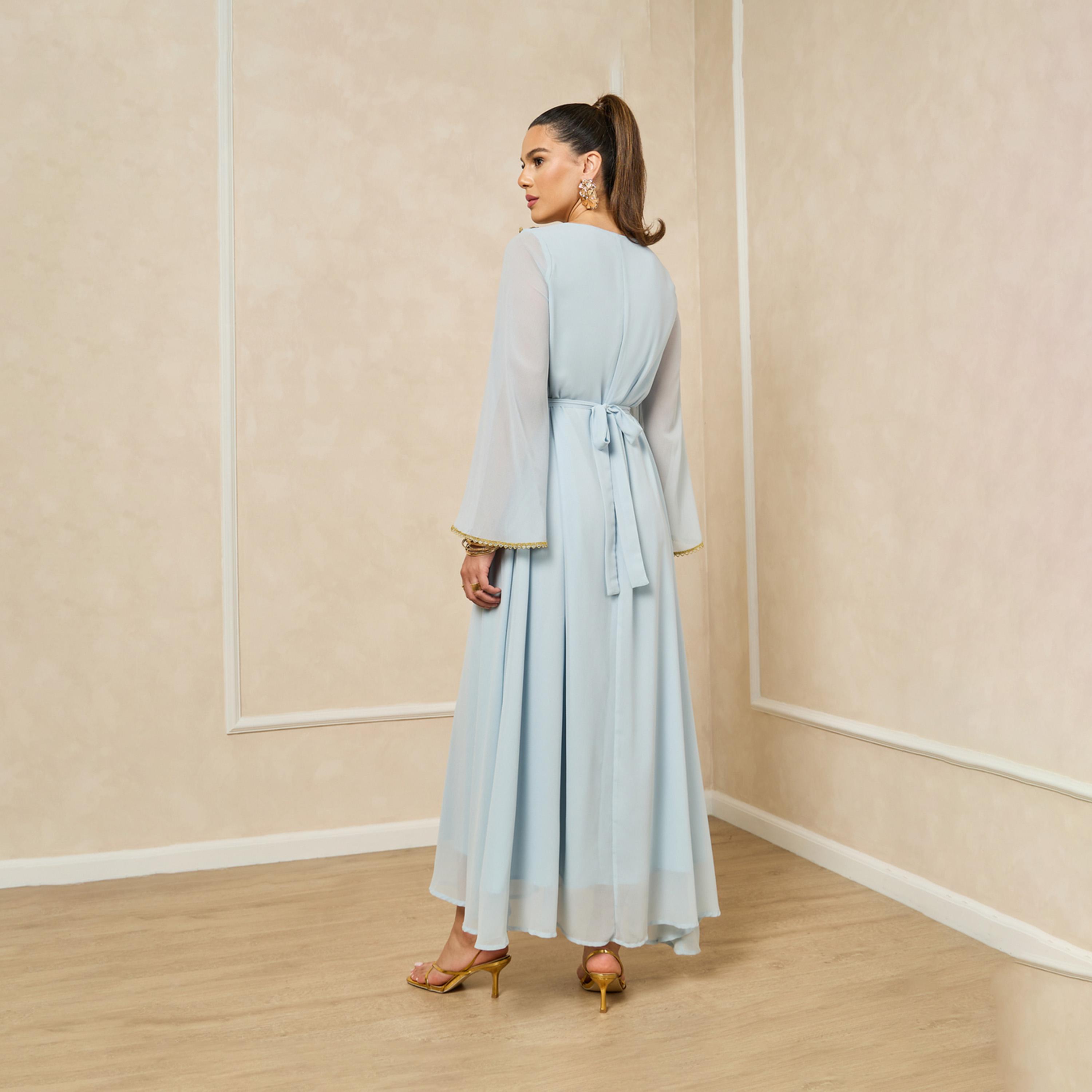 Styli Embroidered V-Neck Lace Insert Kaftan With Buttons Detail-women-arabicclothing-kaftan-image-5