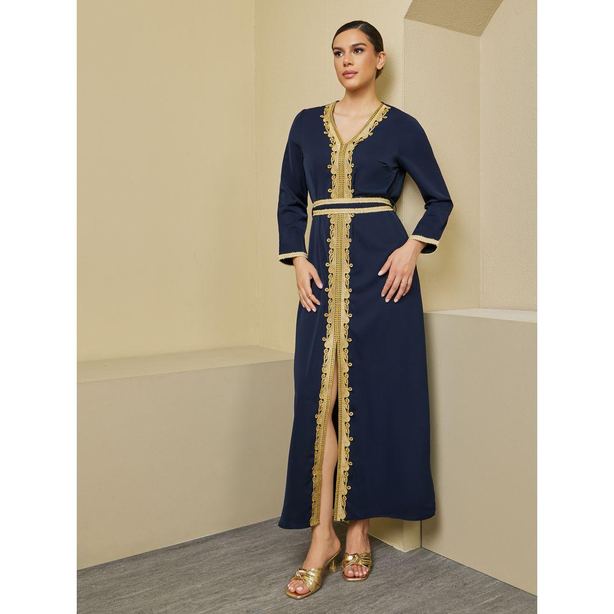 Styli A-Line Front Slit Belted Kaftan with Lace Detail-women-arabicclothing-kaftan-image-1