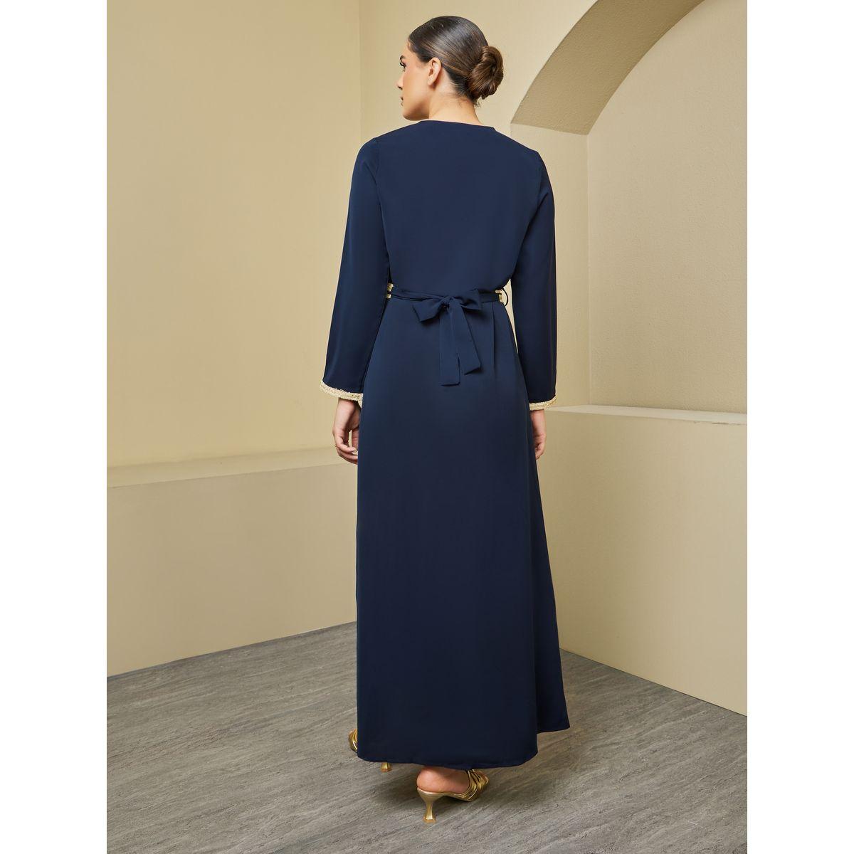 Styli A-Line Front Slit Belted Kaftan with Lace Detail-women-arabicclothing-kaftan-image-6