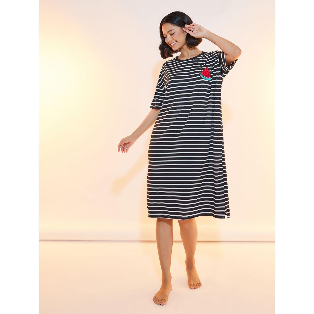 Take Two Striped Sleep T-Shirt Dress with Patch Detail-women-clothing-nightwear-nighties-image-1