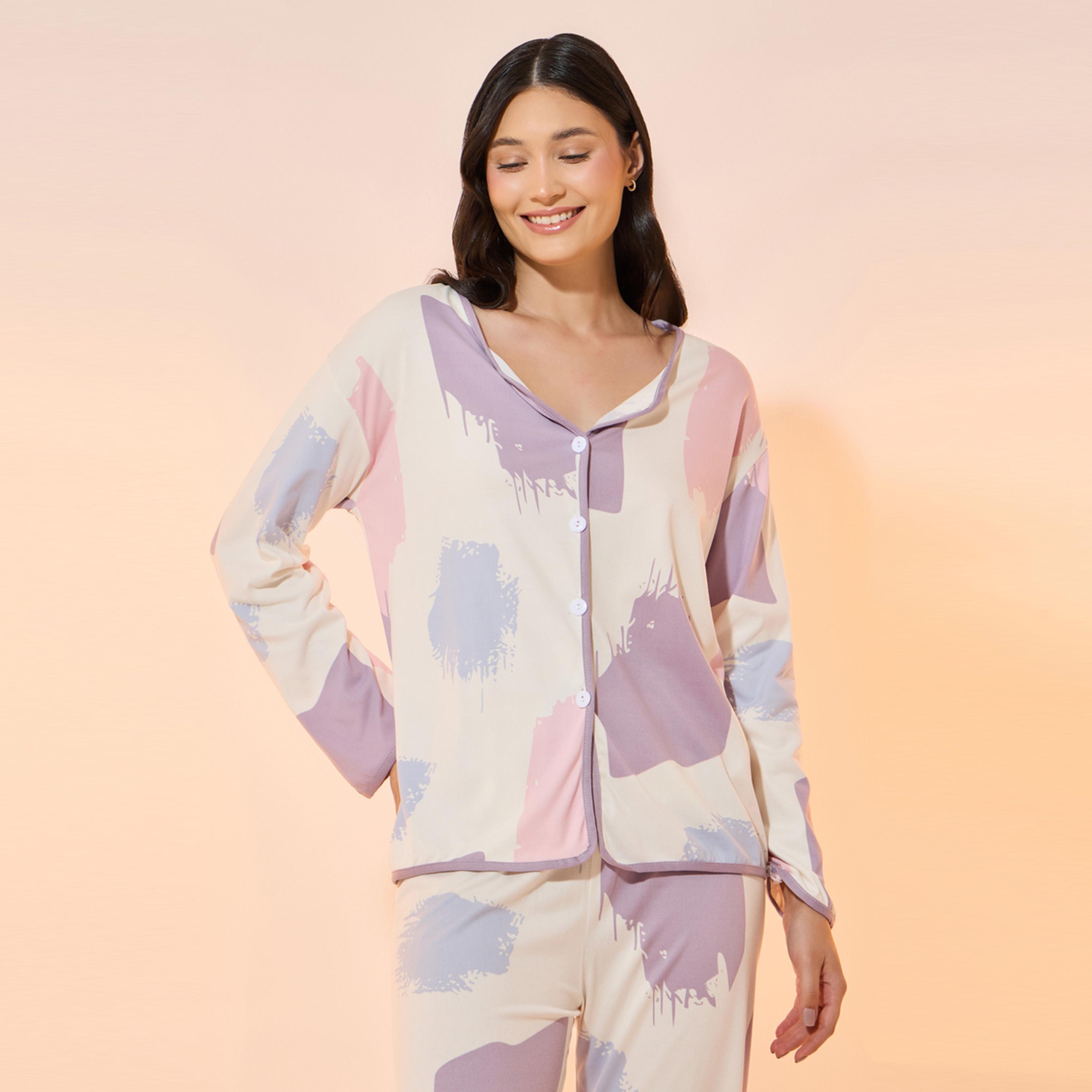 طقم من بنطال بيجاما مع بلوزة مطبعة بالكامل-women-clothing-nightwear-pyjamas-longsets-image-2