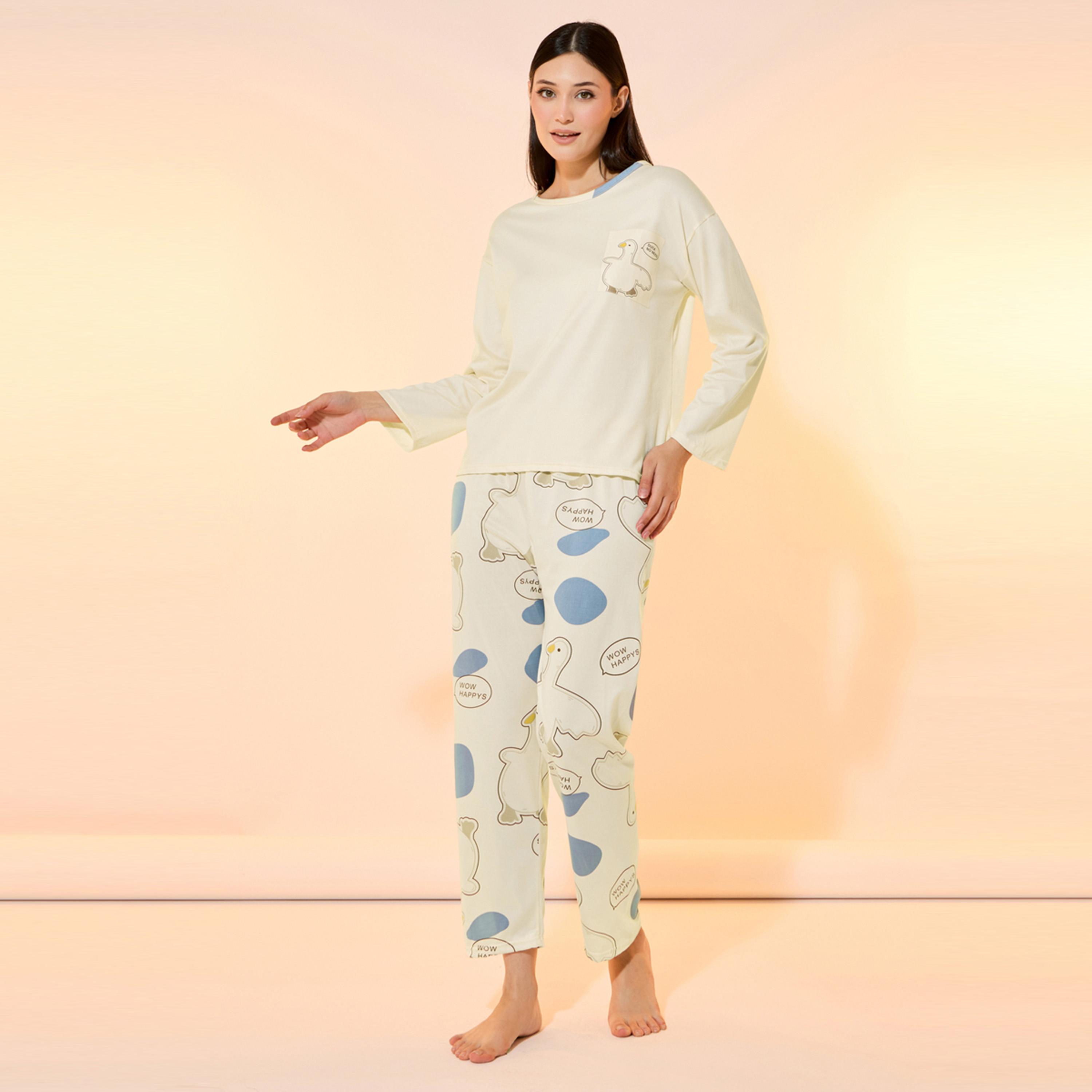 Take Two Duck Print Round Neck T-Shirt and Pyjama Set-women-clothing-nightwear-pyjamas-longsets-image-1