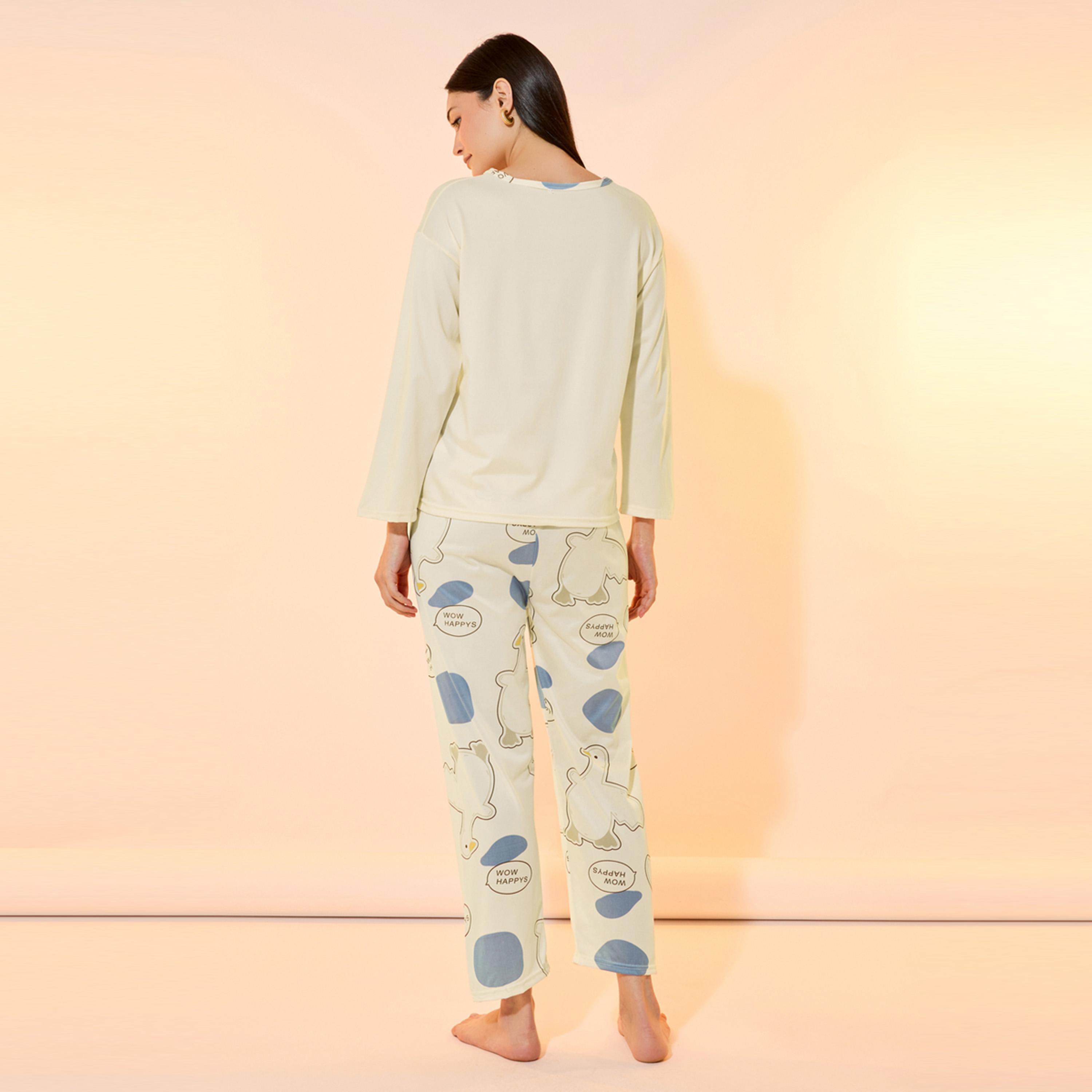 طقم من بنطال بيجاما مع تيشيرت بياقة دائرية-women-clothing-nightwear-pyjamas-longsets-image-4