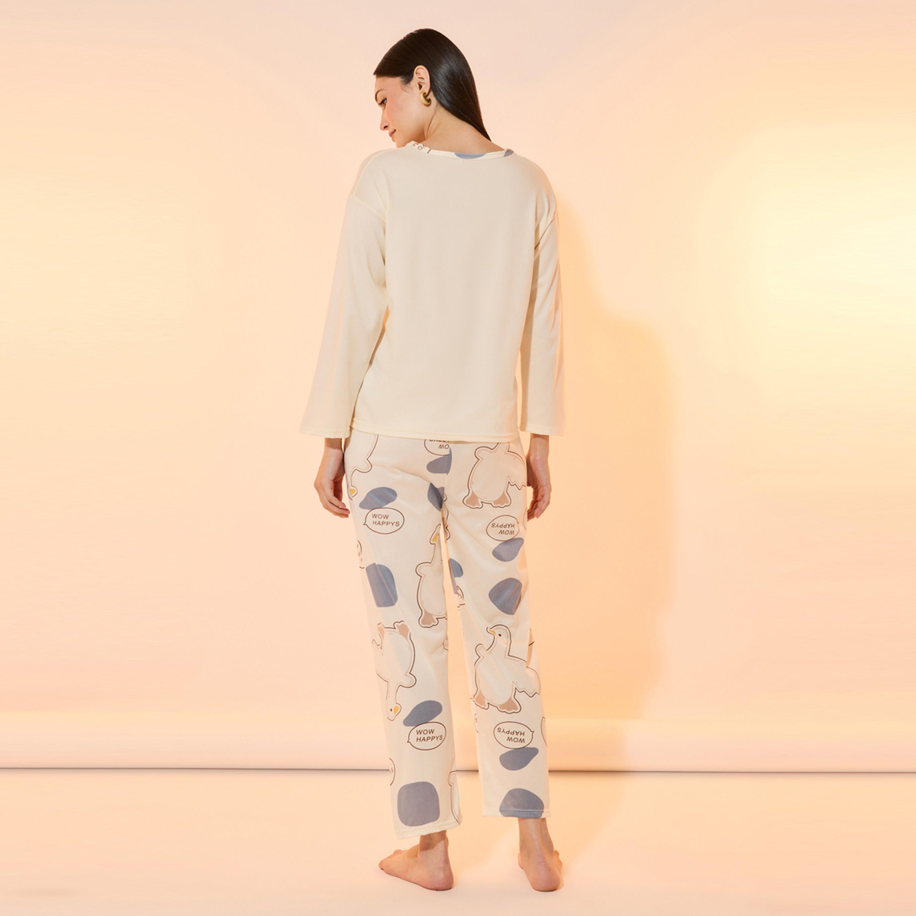 طقم من بنطال بيجاما مع تيشيرت بياقة دائرية-women-clothing-nightwear-pyjamas-longsets-image-5