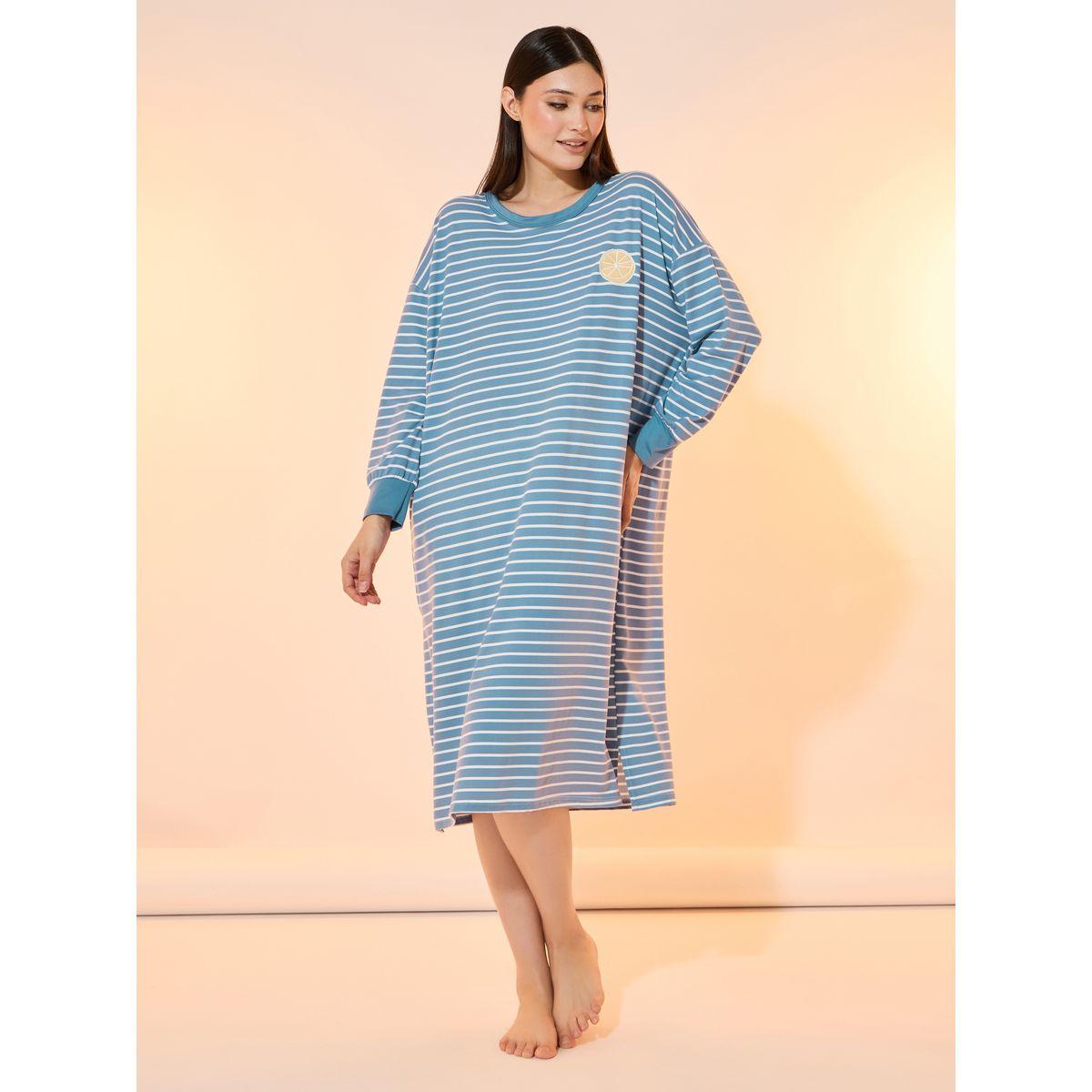 Take Two Striped Fruit Patch Detail Long Sleeve Nightdress-women-clothing-nightwear-nighties-image-1