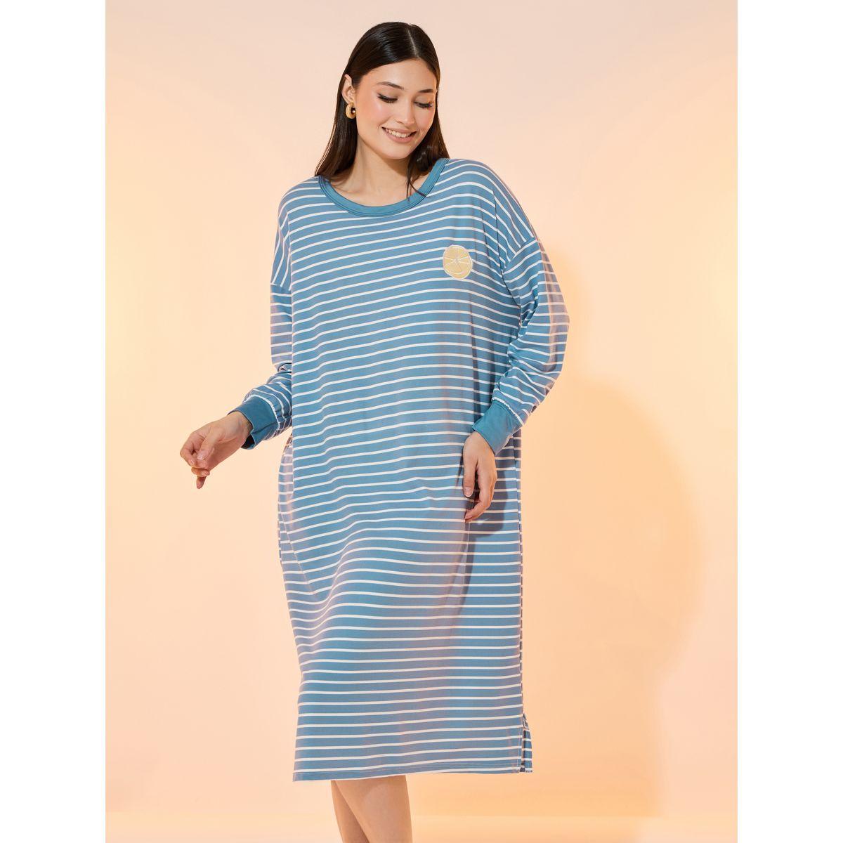 Take Two Striped Fruit Patch Detail Long Sleeve Nightdress-women-clothing-nightwear-nighties-image-2