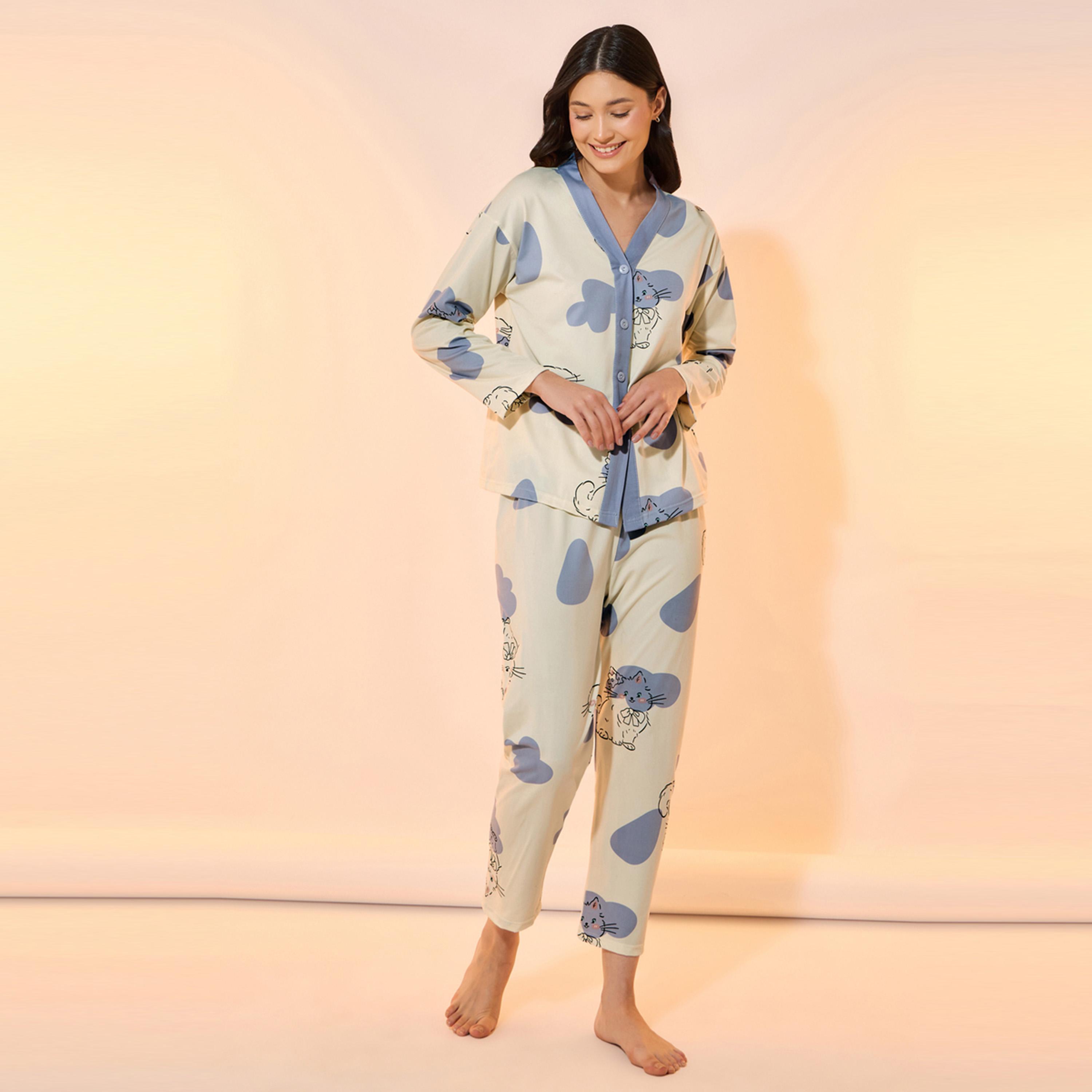 Take Two All Over Cat Print Shirt and Pyjama Set-women-clothing-nightwear-pyjamas-longsets-image-1