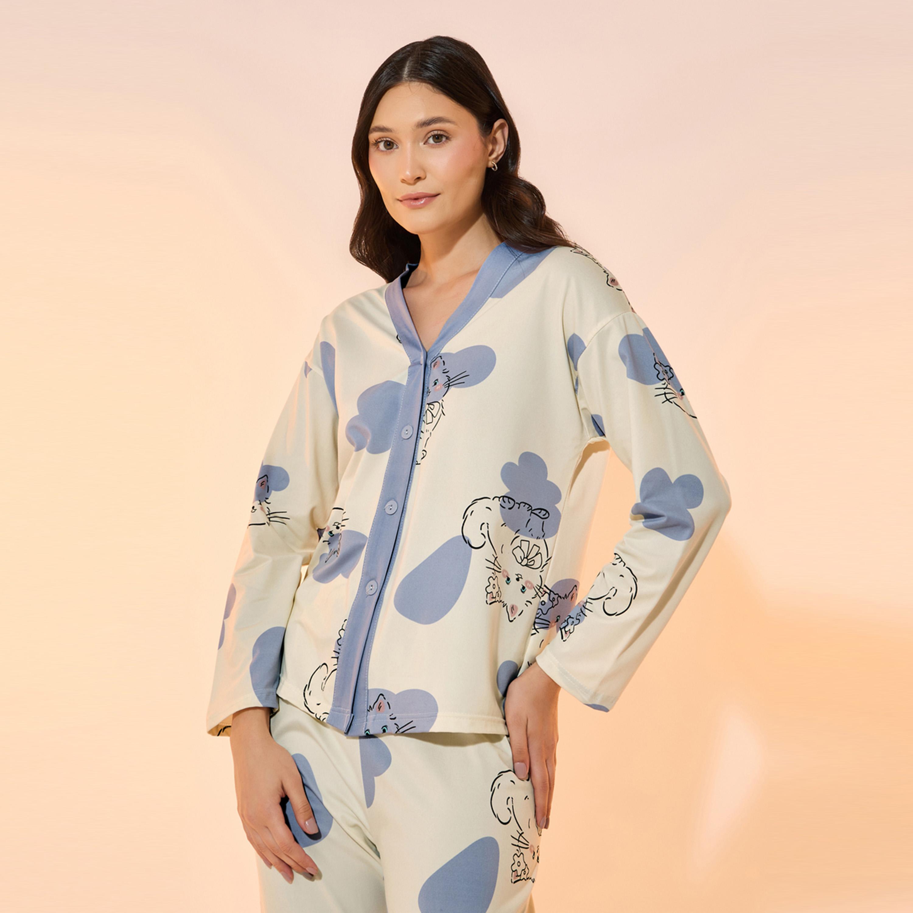 Take Two All Over Cat Print Shirt and Pyjama Set-women-clothing-nightwear-pyjamas-longsets-image-2