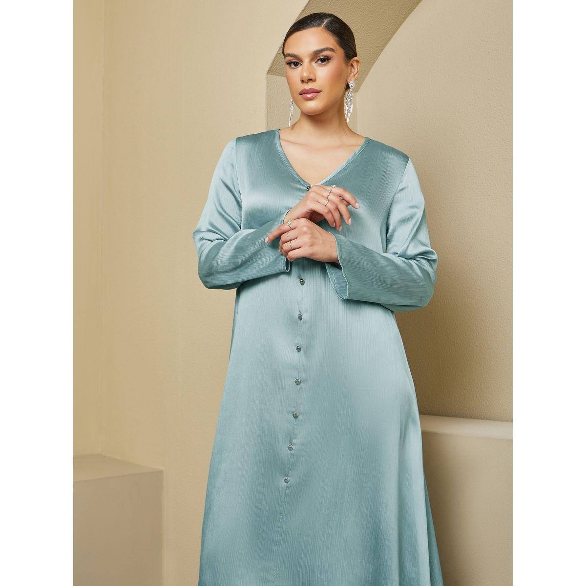 Styli Textured V Neck Jalabiya with Buttons Detail-women-arabicclothing-jalabiyas-image-2