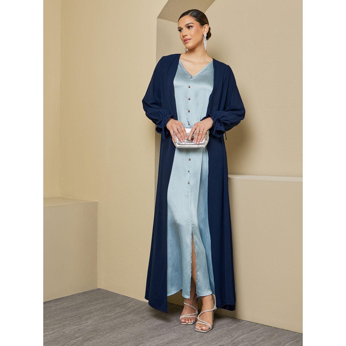 Amirah X Styli Front Open Crepe Abaya with Sleeve Tie Detail-women-arabicclothing-abayas-image-1