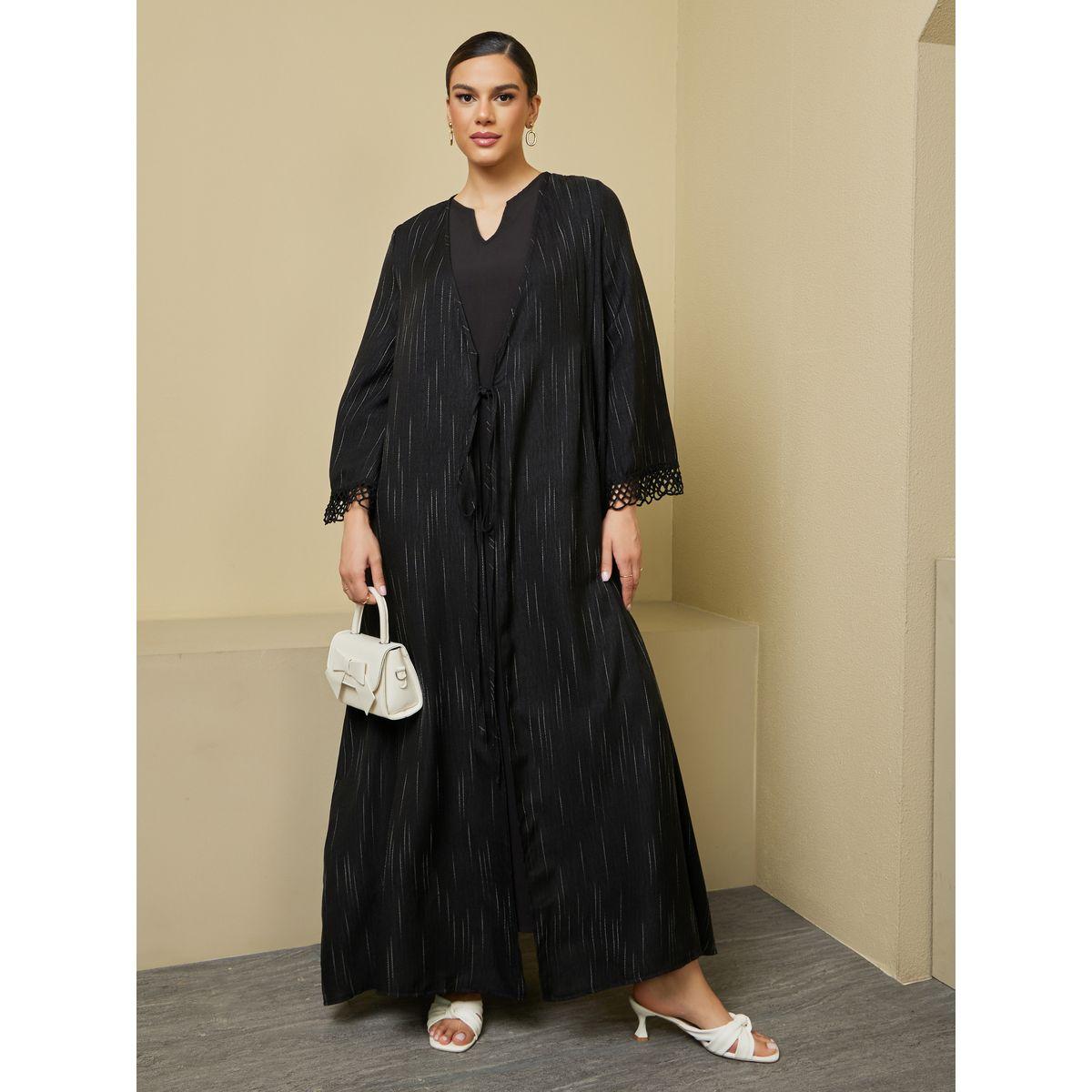 Styli Striped Regular Fit Abaya with Lace Trim Detail-women-arabicclothing-abayas-image-2