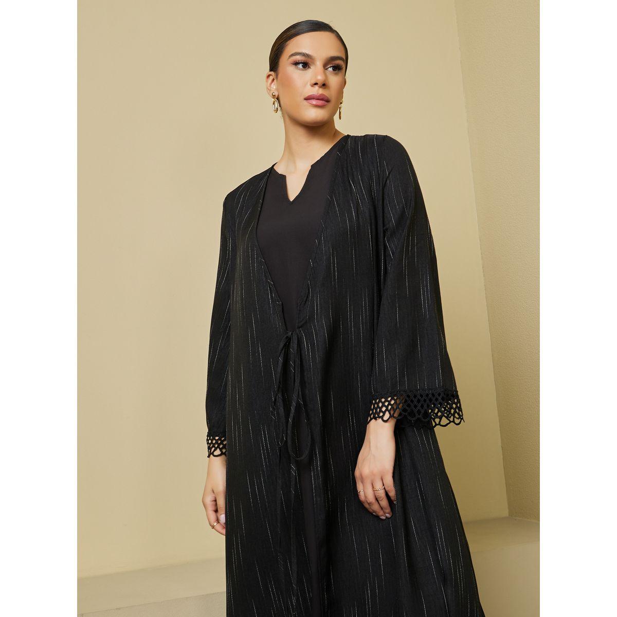 Styli Striped Regular Fit Abaya with Lace Trim Detail-women-arabicclothing-abayas-image-3