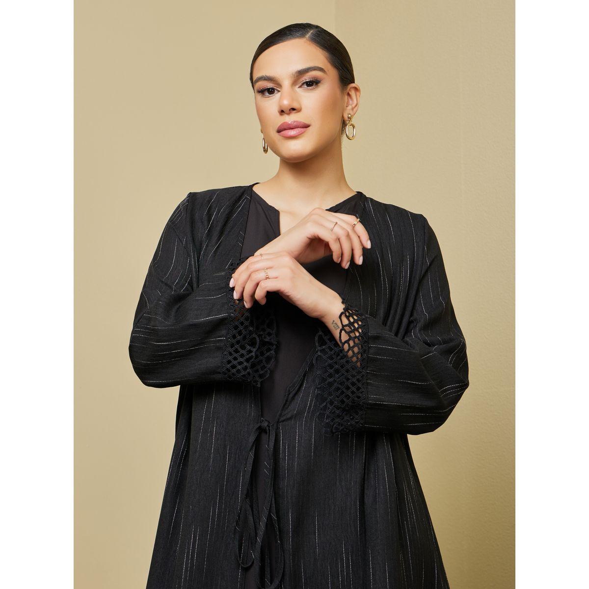 Styli Striped Regular Fit Abaya with Lace Trim Detail-women-arabicclothing-abayas-image-4