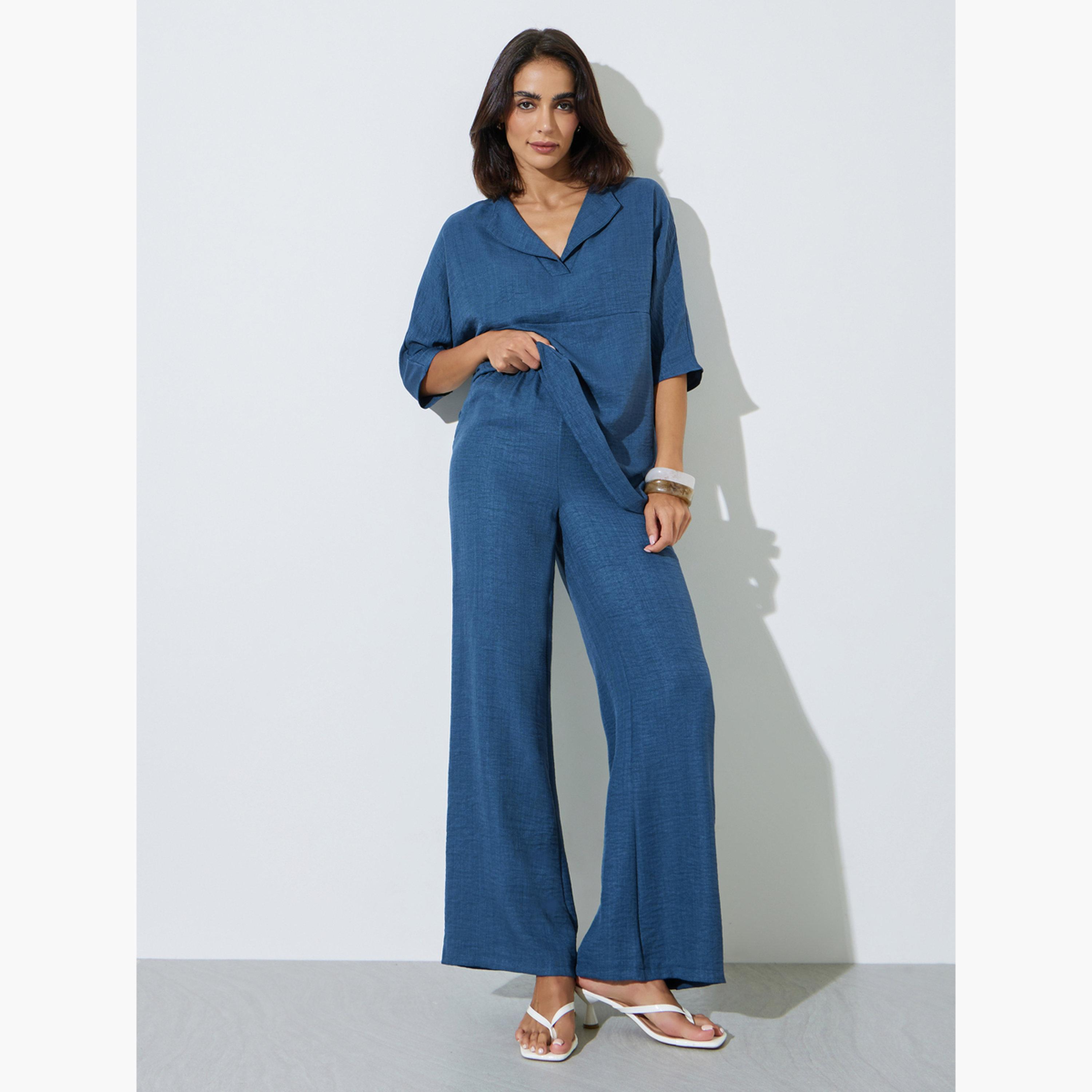 Amirah X Styli Nave Blue Oversized Top and Wide Leg Pants Co-Ords-women-arabicclothing-sets-image-1