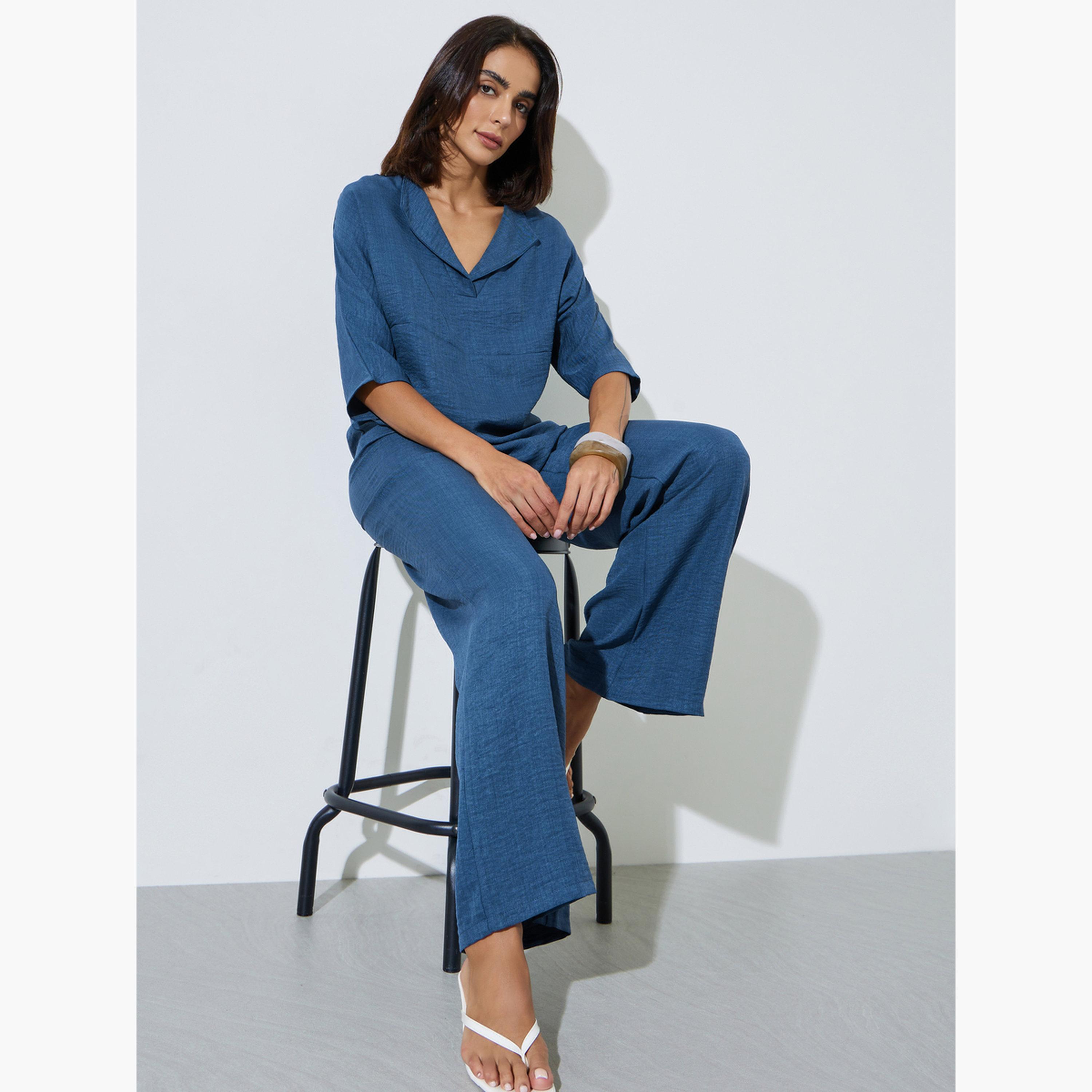 Amirah X Styli Nave Blue Oversized Top and Wide Leg Pants Co-Ords-women-arabicclothing-sets-image-2