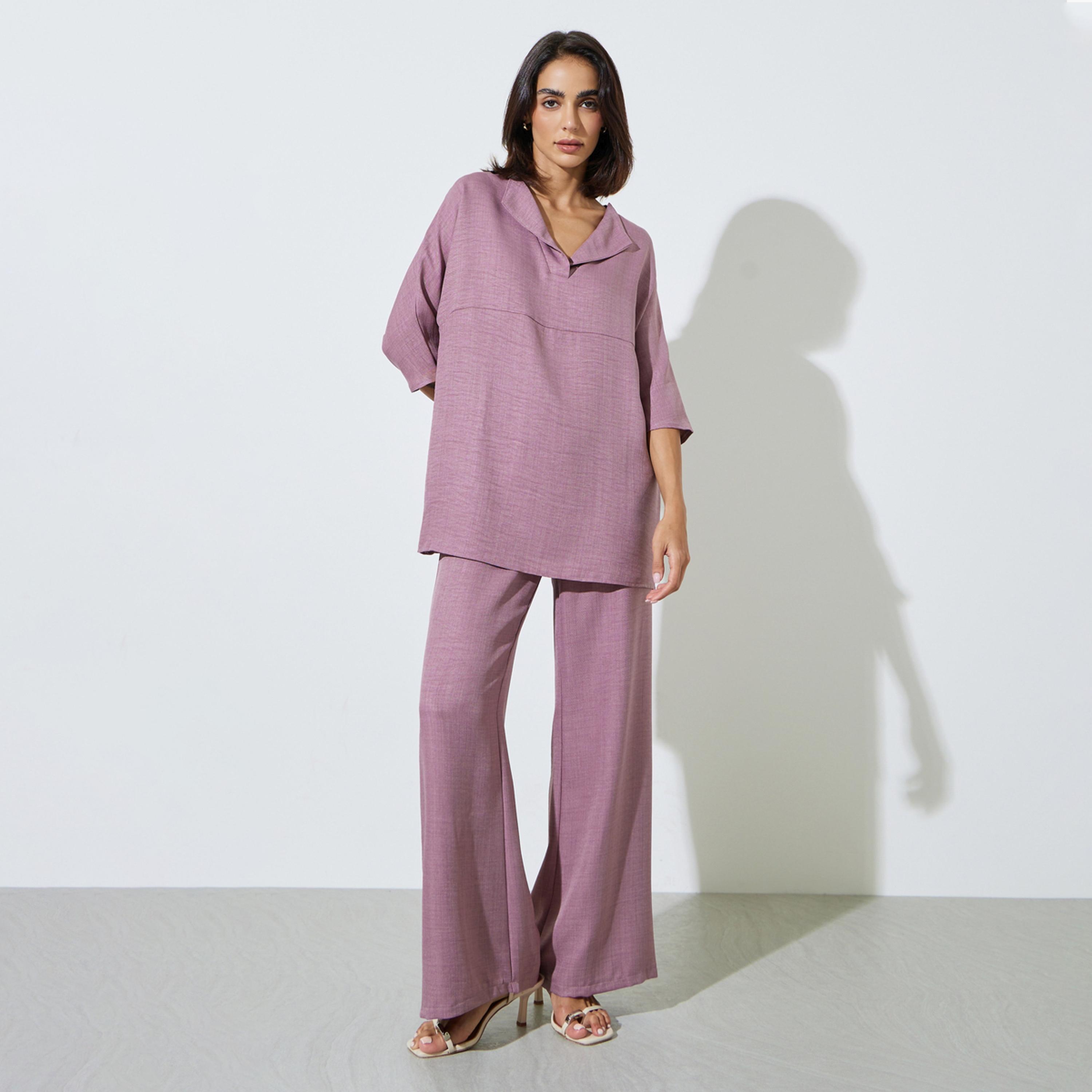Amirah X Styli Purple Oversized Top and Wide Leg Pants Co-Ords-women-arabicclothing-sets-image-1