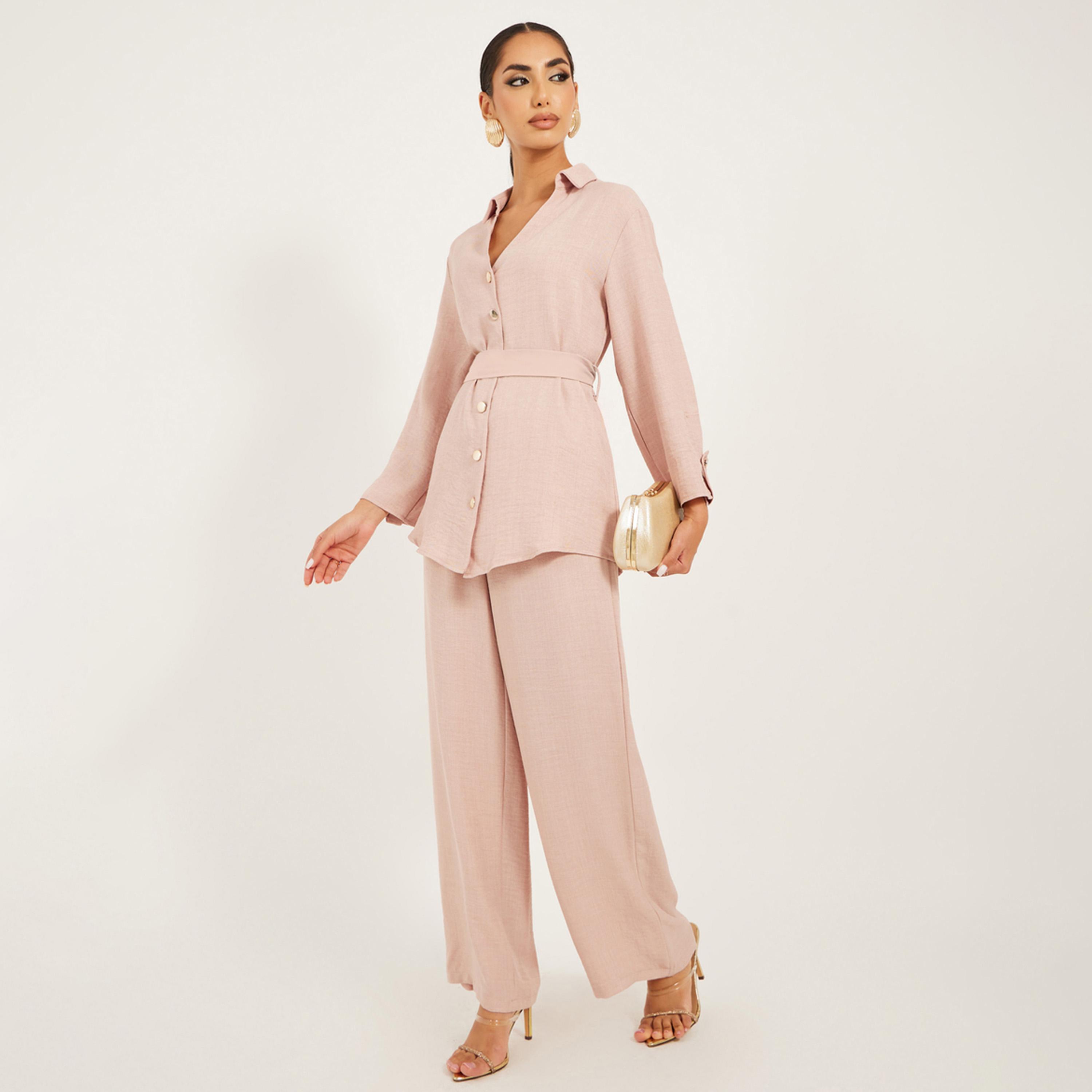 ستايلي - طقم محتشم من قميص طويل بقصّة عادية بأزرار ذهبية وبنطال واسع الساق-women-arabicclothing-sets-image-1