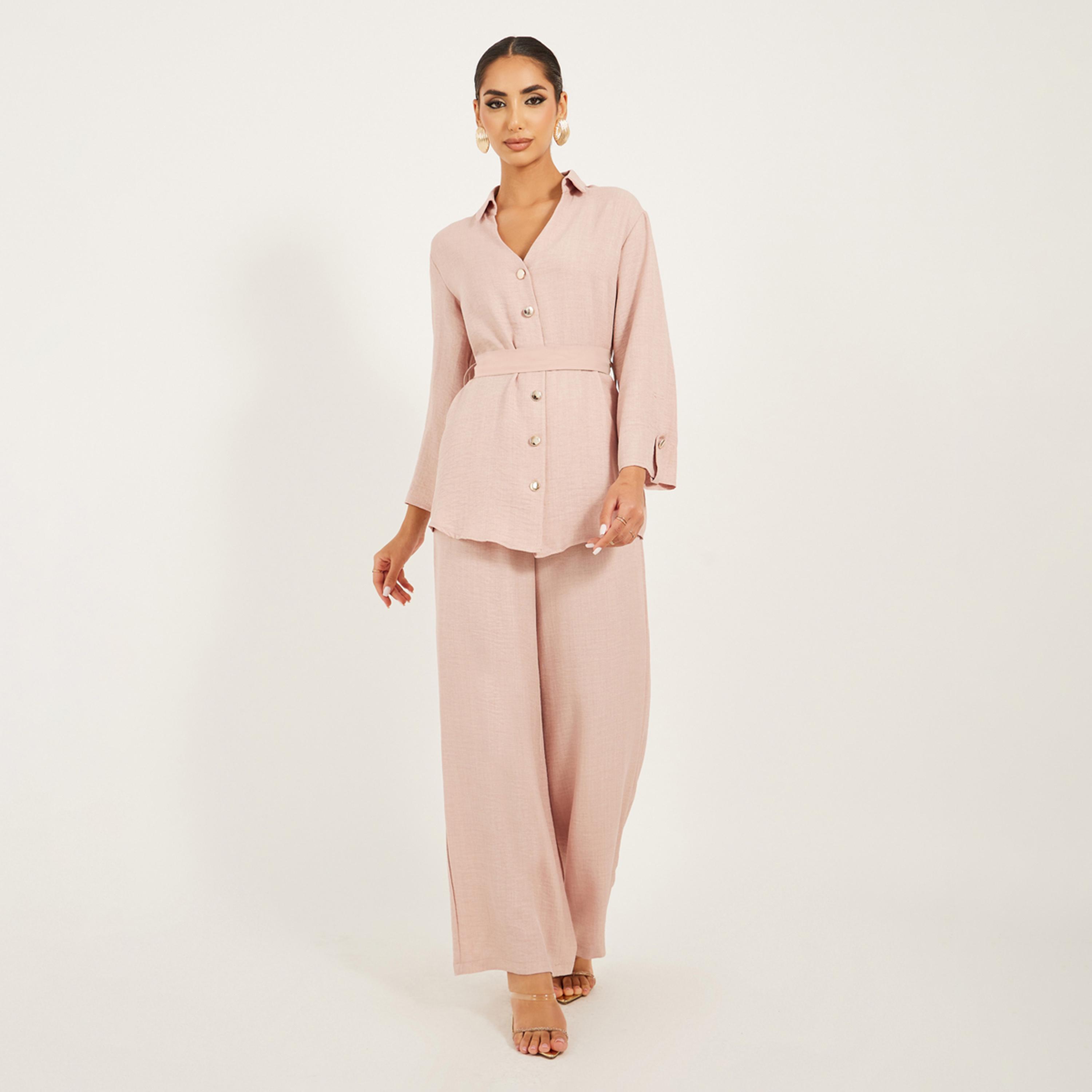ستايلي - طقم محتشم من قميص طويل بقصّة عادية بأزرار ذهبية وبنطال واسع الساق-women-arabicclothing-sets-image-2