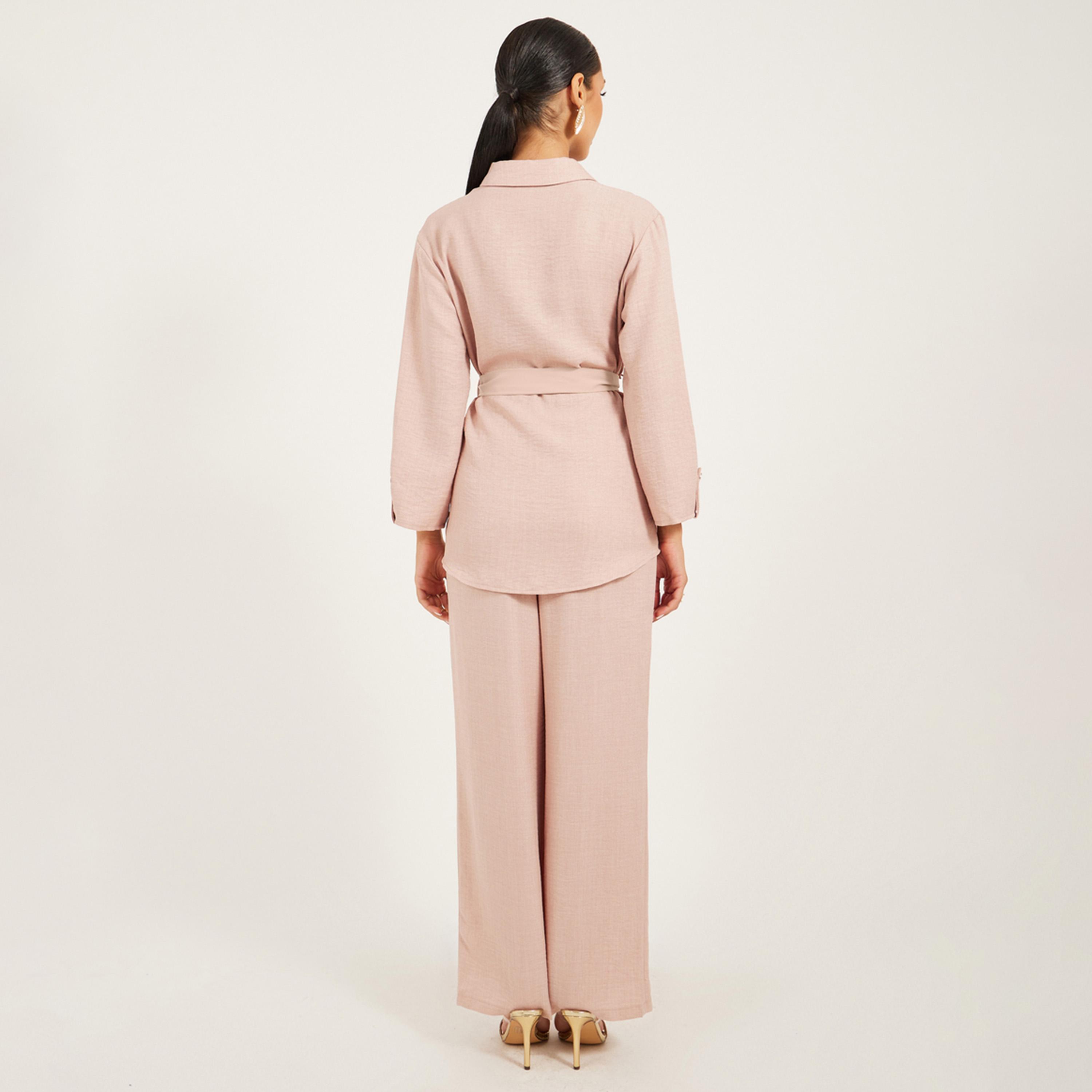 ستايلي - طقم محتشم من قميص طويل بقصّة عادية بأزرار ذهبية وبنطال واسع الساق-women-arabicclothing-sets-image-5