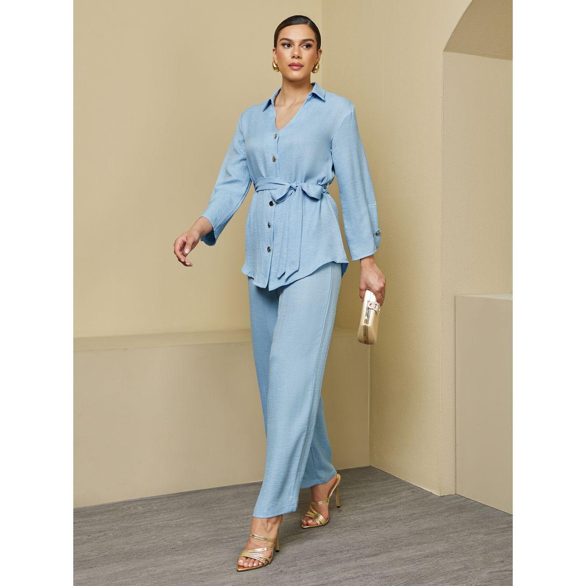طقم من بلوزة طويلة بقصة عادية وبنطال بأرجل واسعة-women-arabicclothing-sets-image-2
