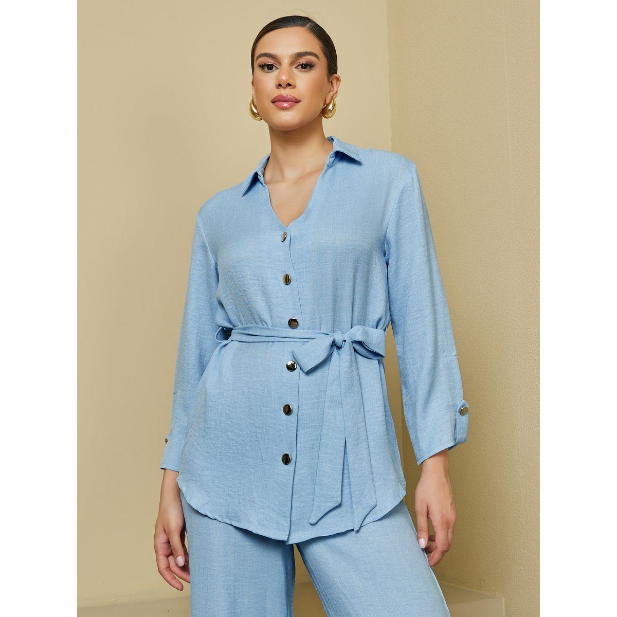 طقم من بلوزة طويلة بقصة عادية وبنطال بأرجل واسعة-women-arabicclothing-sets-image-3