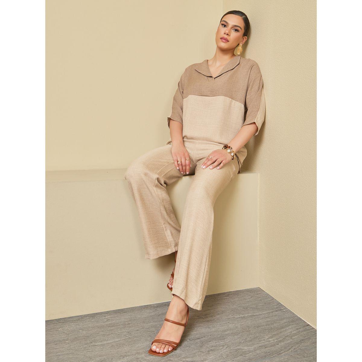 طقم من بلوزة بمقاس كبير وبنطال بأرجل واسعة-women-arabicclothing-sets-image-1