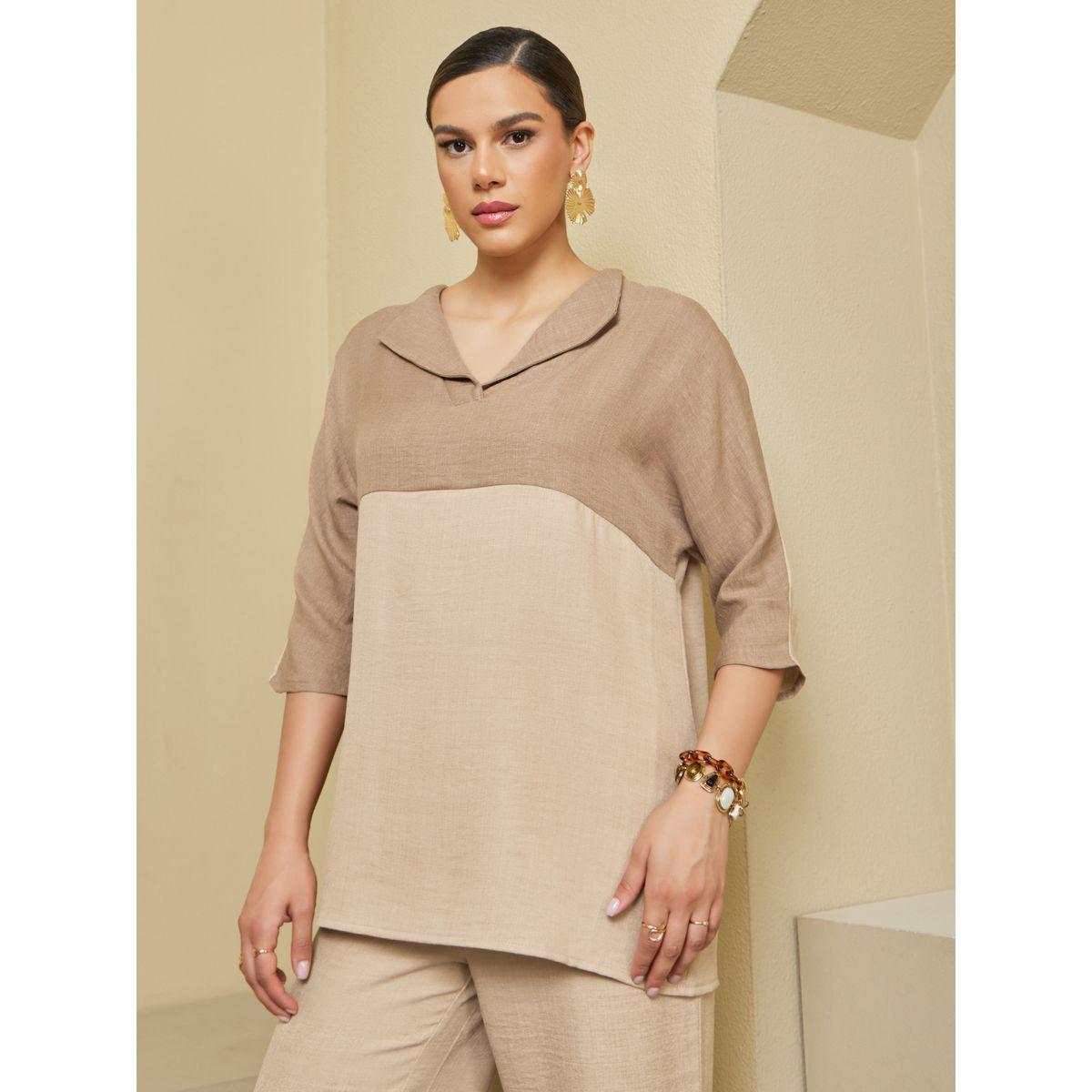 طقم من بلوزة بمقاس كبير وبنطال بأرجل واسعة-women-arabicclothing-sets-image-3
