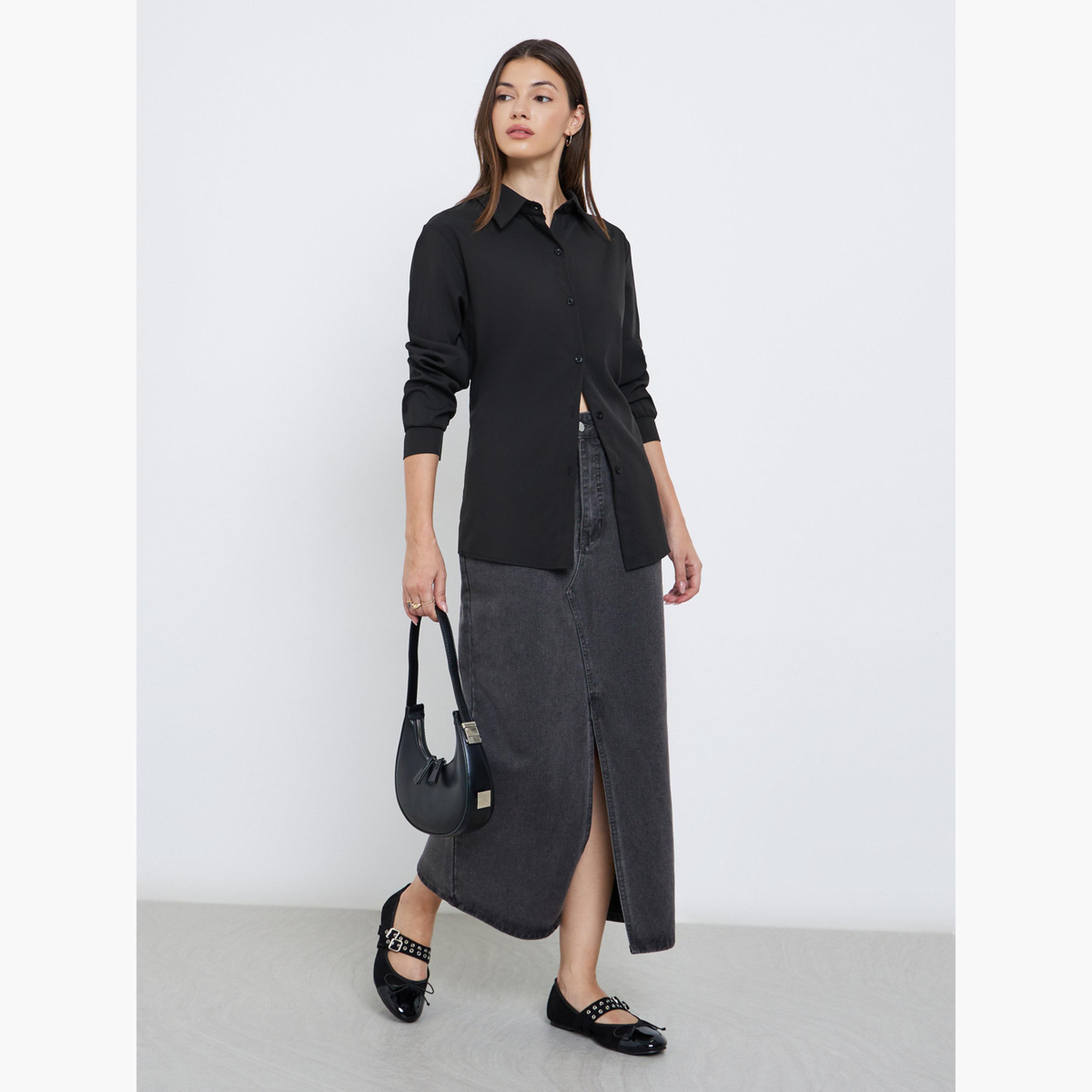 ستايلي - قميص نسائي أسود طويل مقاس كبير-women-clothing-shirtsandblouses-shirts-image-2