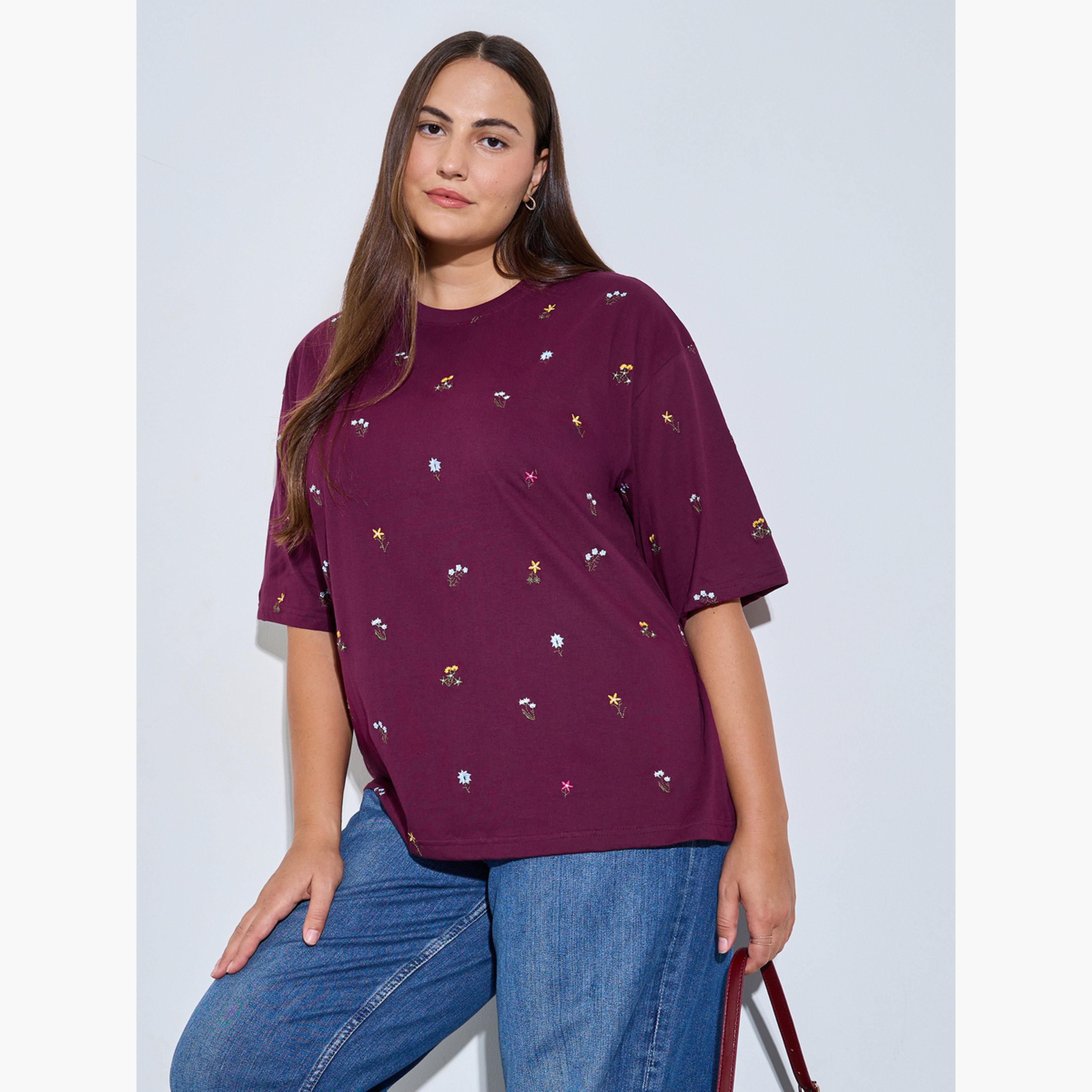 Styli Purple Plus Size Oversized All Over Floral Embroidered T-Shirt-women-clothing-plussize-tshirts-image-1