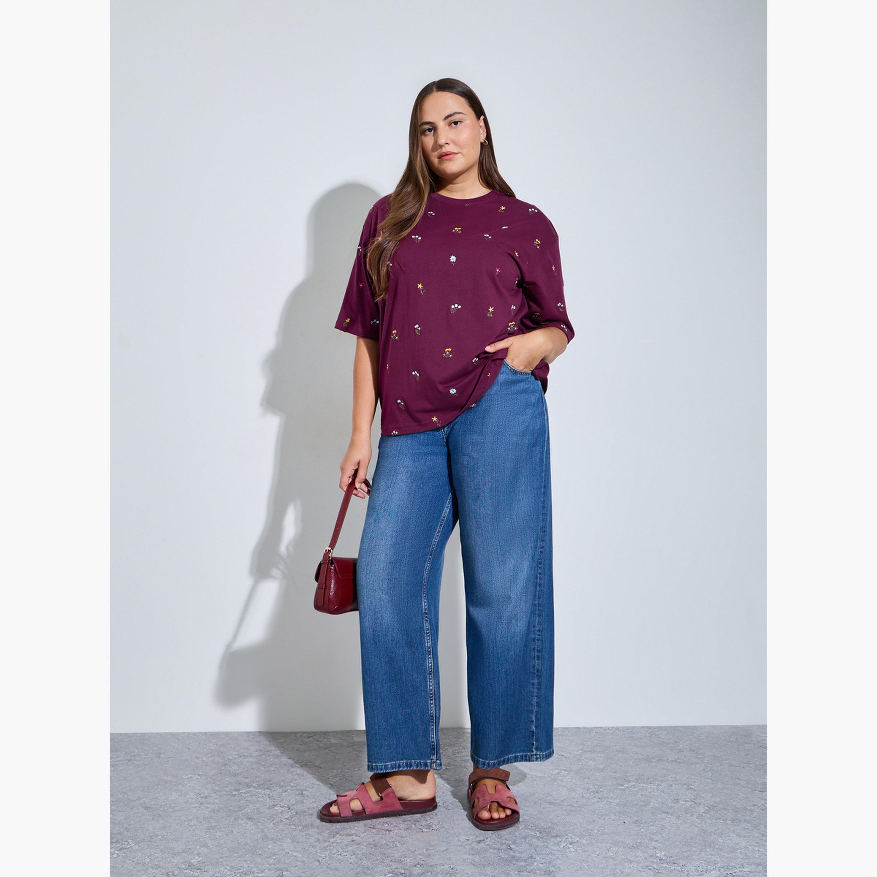 Styli Purple Plus Size Oversized All Over Floral Embroidered T-Shirt-women-clothing-plussize-tshirts-image-2