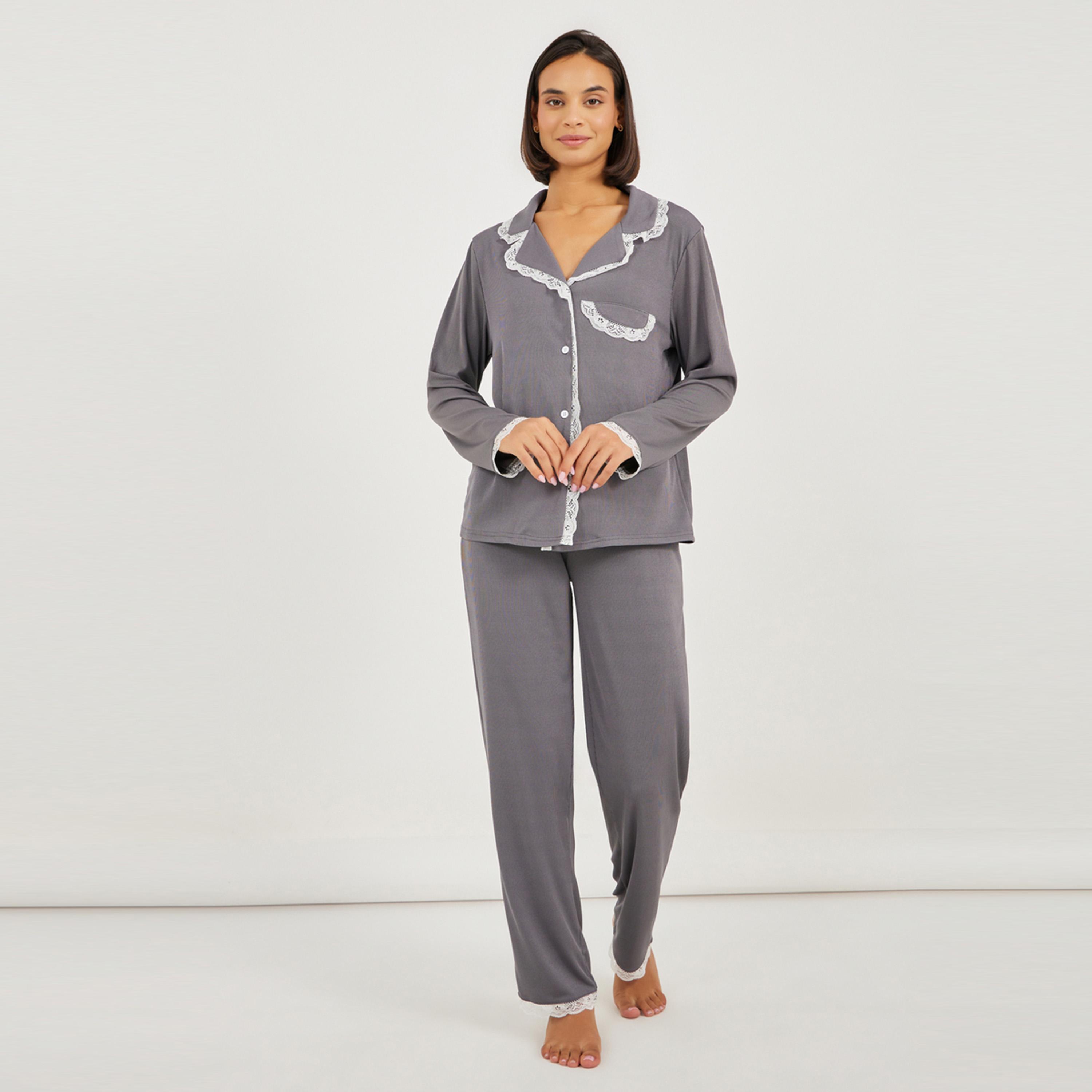 ستايلي - طقم قميص مضلع بحواف دانتيل مع بنطال بيجاما أنوايند-women-clothing-nightwear-pyjamas-longsets-image-1