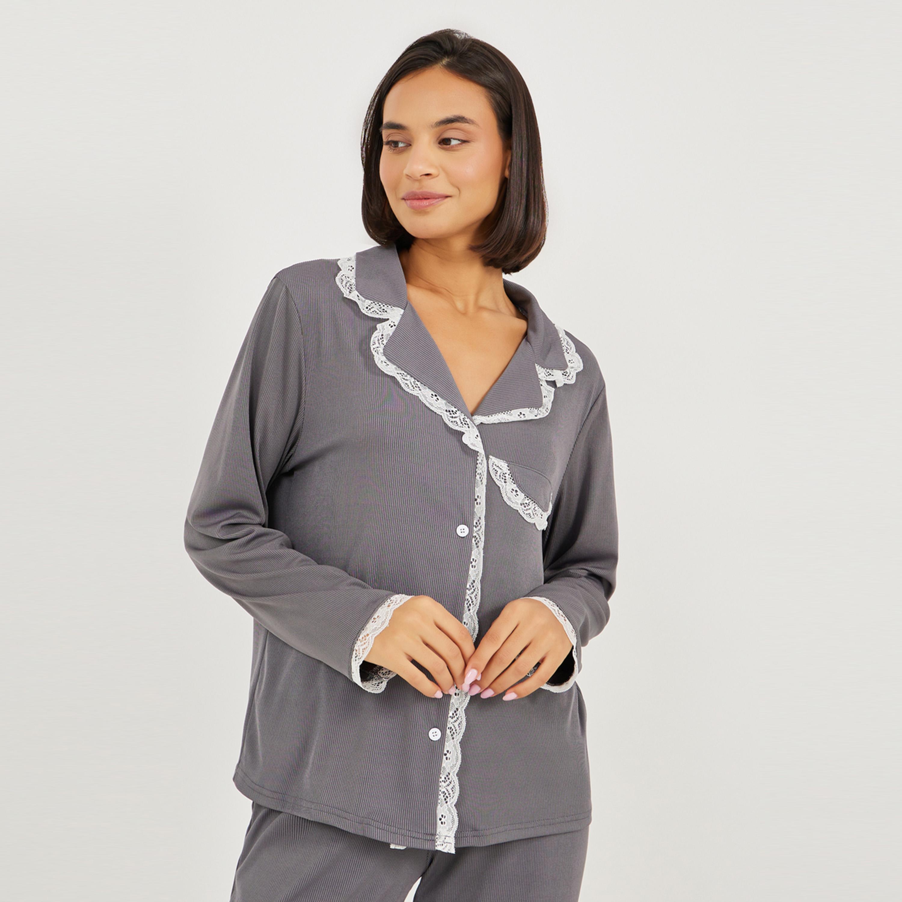 Styli Unwind Rib Lace Trim Pocket Shirt & Pyjama Set-women-clothing-nightwear-pyjamas-longsets-image-2