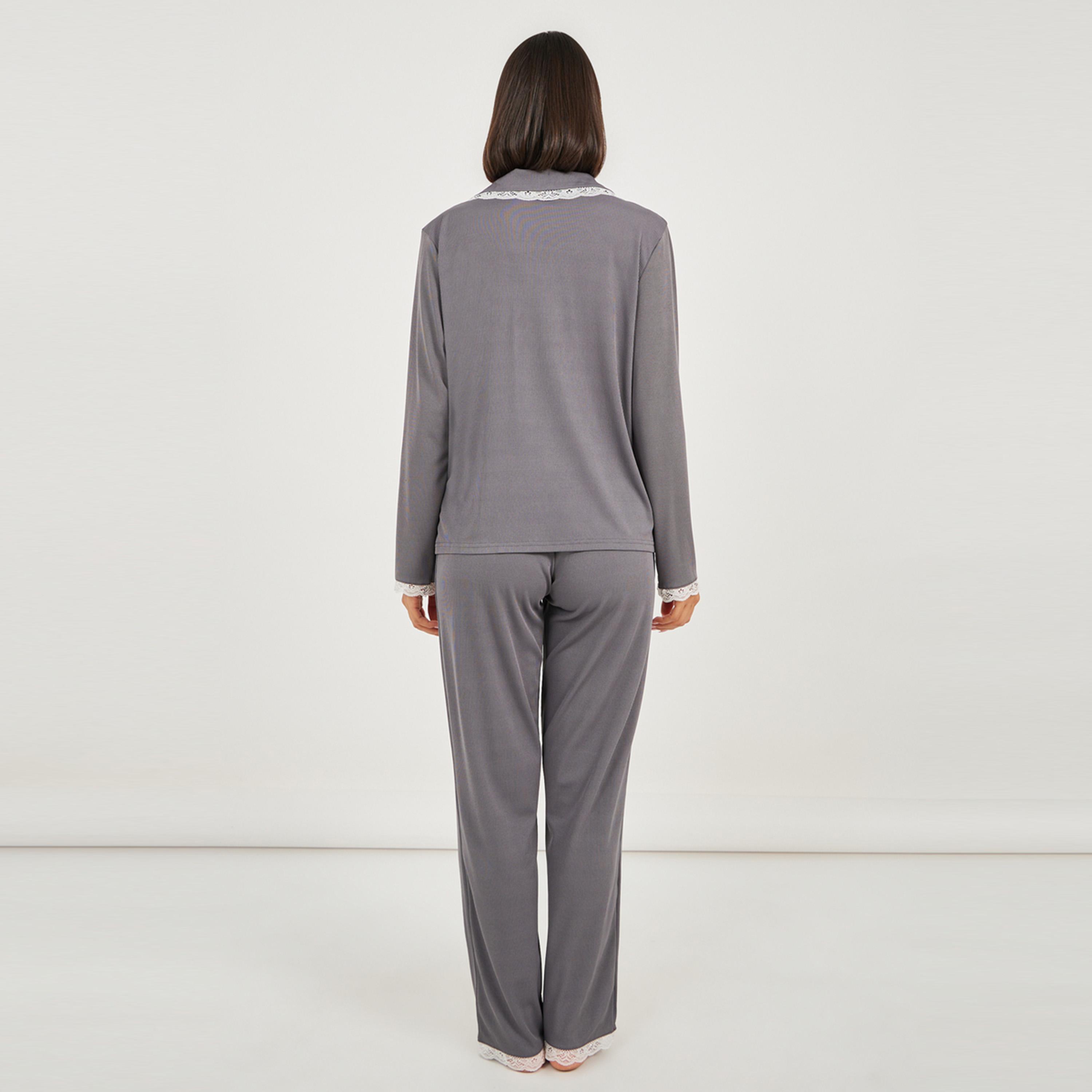 ستايلي - طقم قميص مضلع بحواف دانتيل مع بنطال بيجاما أنوايند-women-clothing-nightwear-pyjamas-longsets-image-5