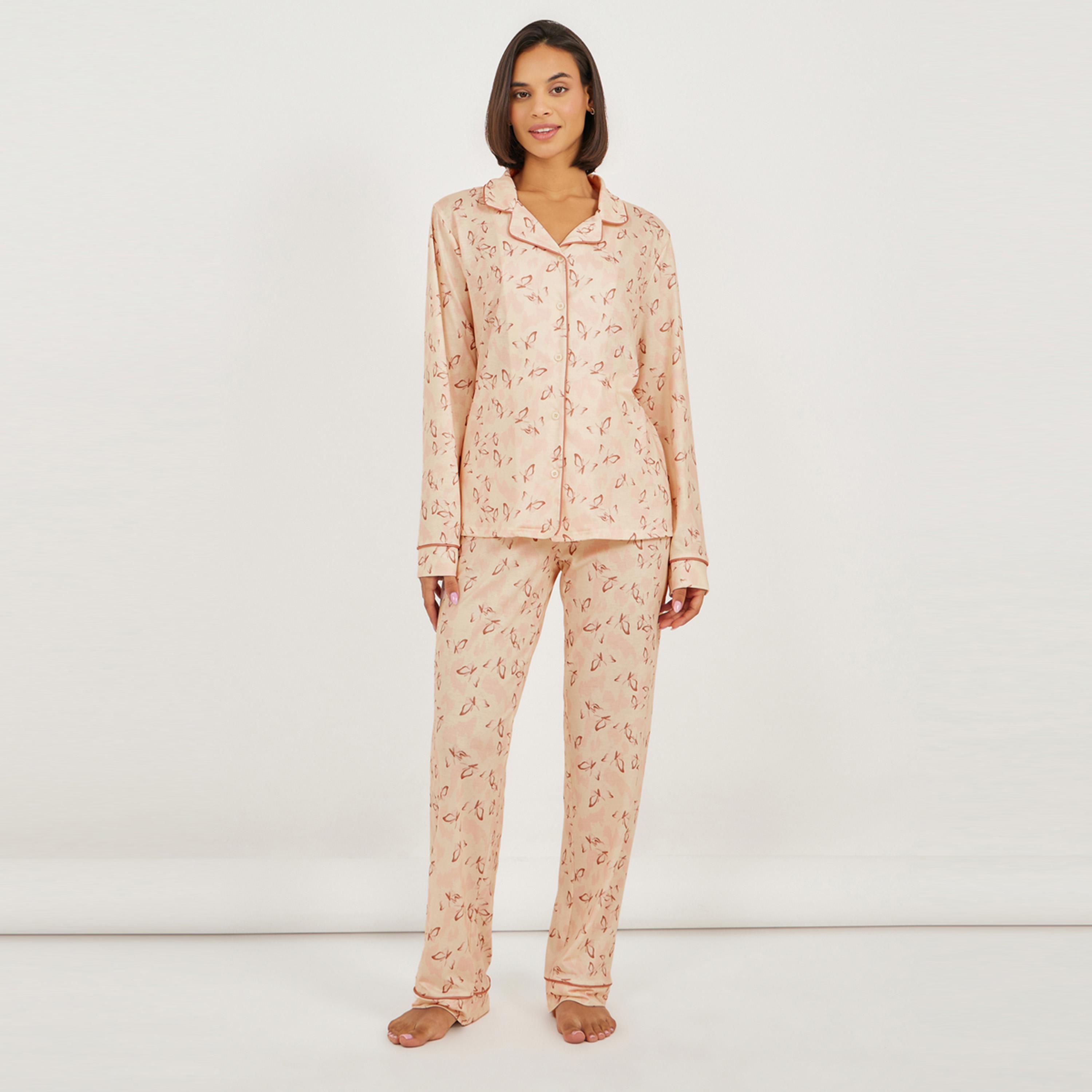 Styli Unwind All Over Butterfly Print Piped Shirt & Pyjama Set-women-clothing-nightwear-pyjamas-longsets-image-1
