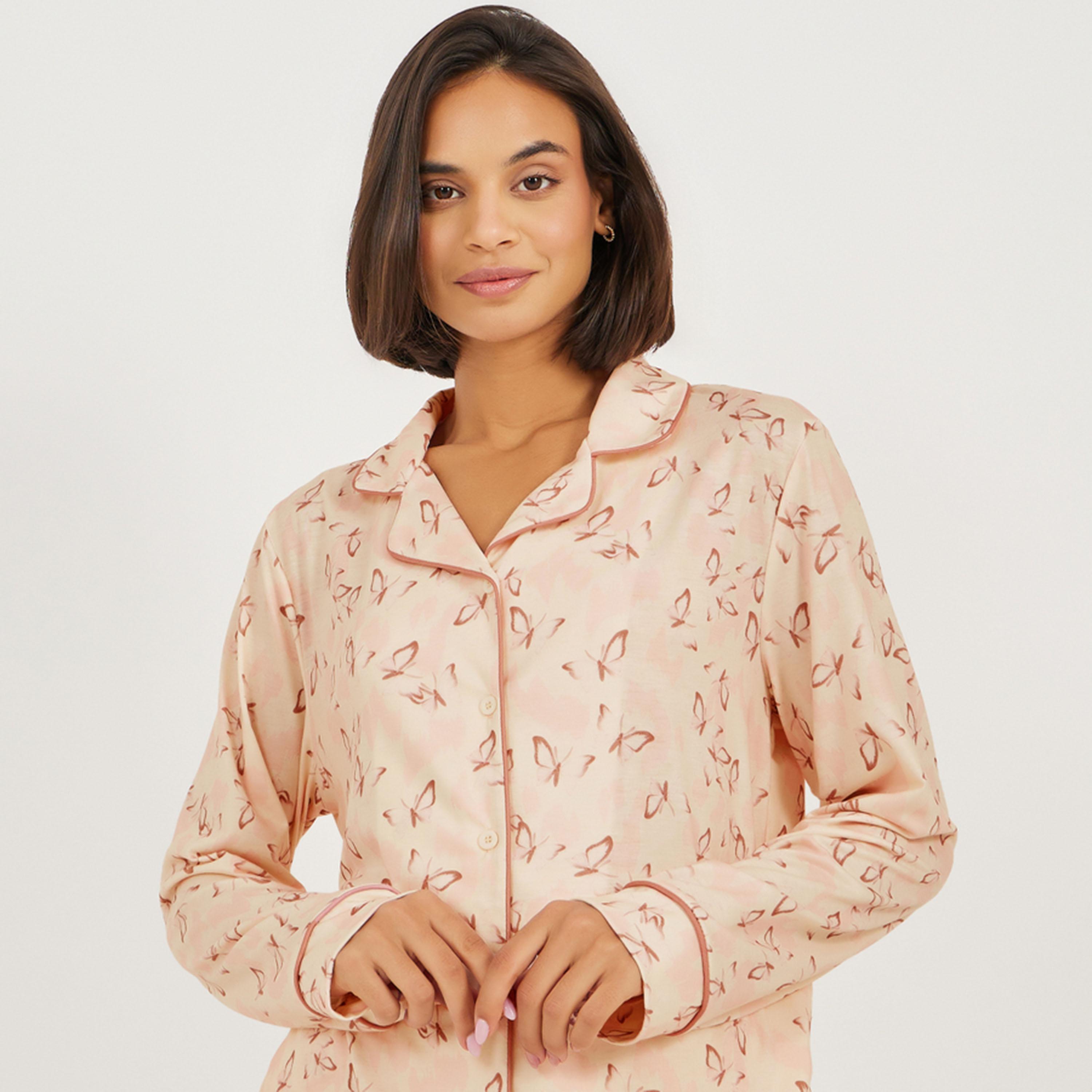 Styli Unwind All Over Butterfly Print Piped Shirt & Pyjama Set-women-clothing-nightwear-pyjamas-longsets-image-2