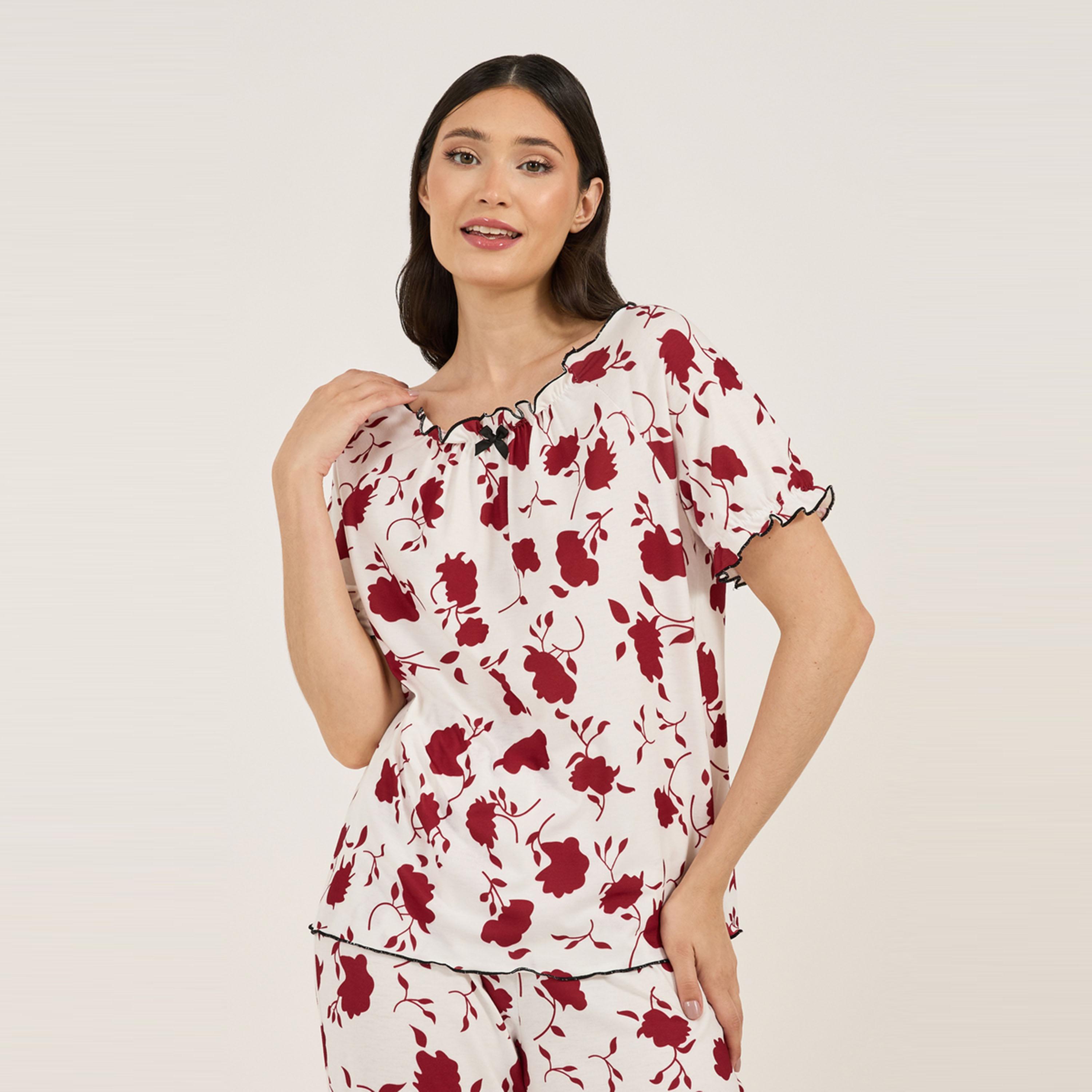 ستايلي - طقم بلوزة موردة مع بنطال بيجامة أنوايند-women-clothing-nightwear-pyjamas-longsets-image-2