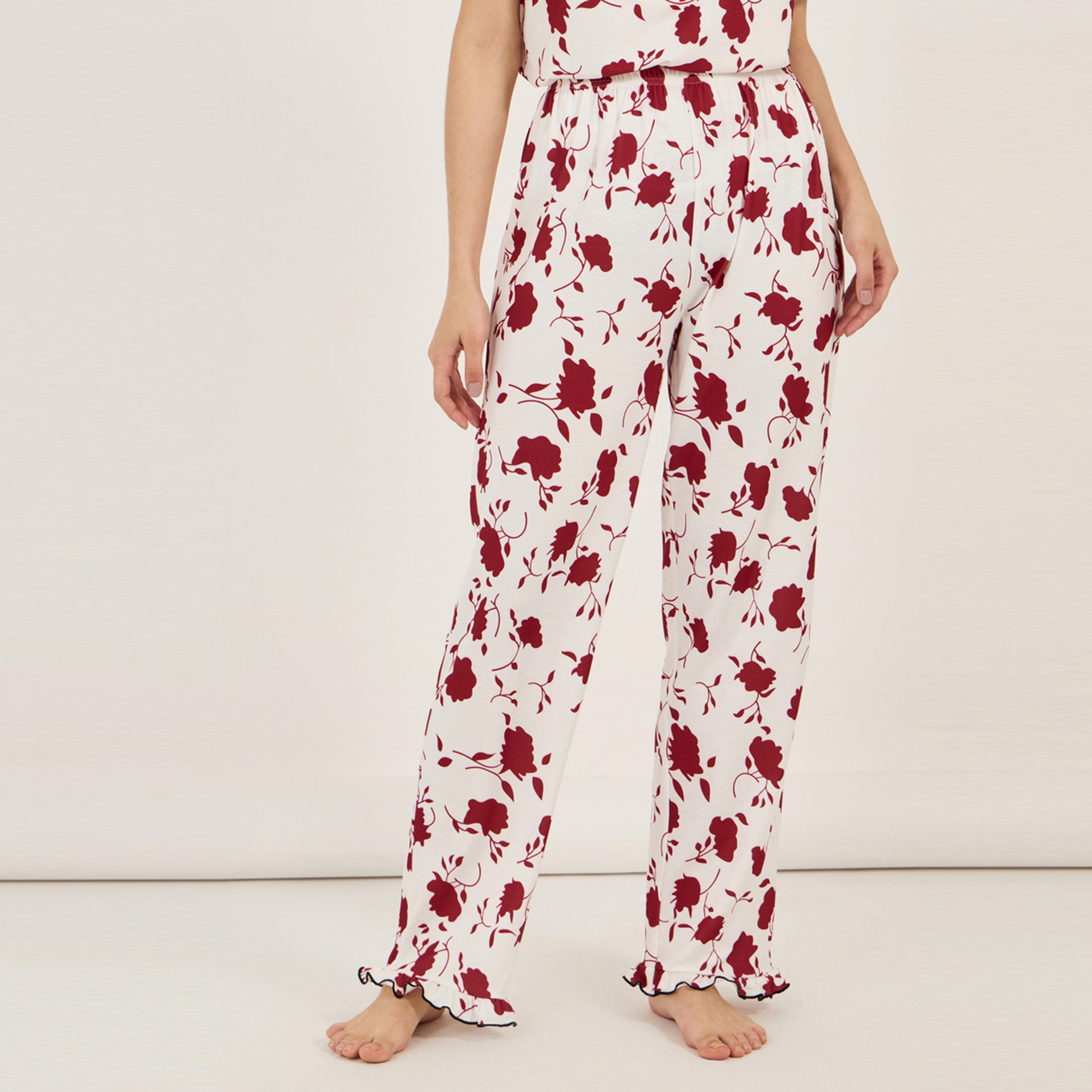 ستايلي - طقم بلوزة موردة مع بنطال بيجامة أنوايند-women-clothing-nightwear-pyjamas-longsets-image-4
