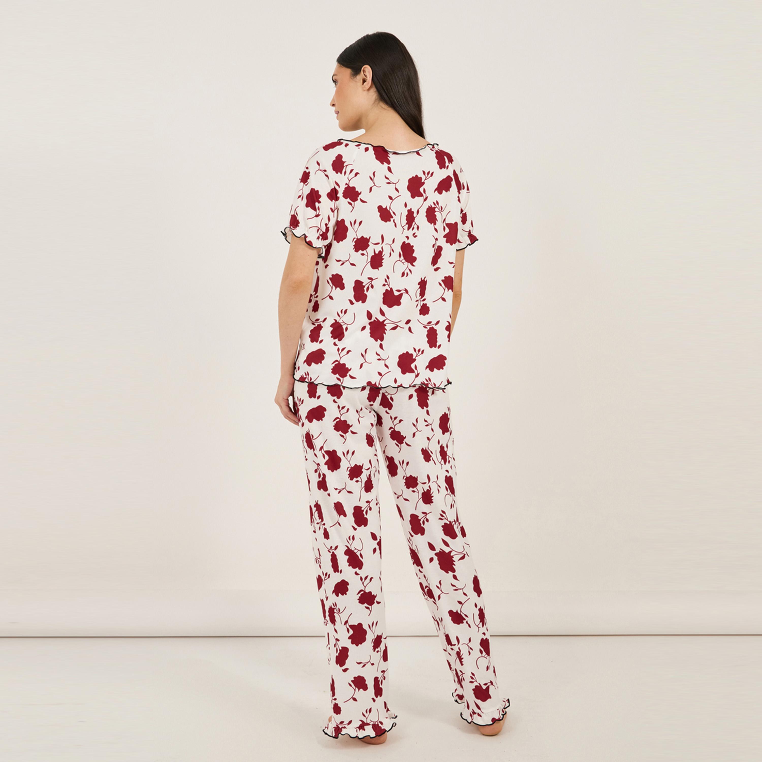ستايلي - طقم بلوزة موردة مع بنطال بيجامة أنوايند-women-clothing-nightwear-pyjamas-longsets-image-5