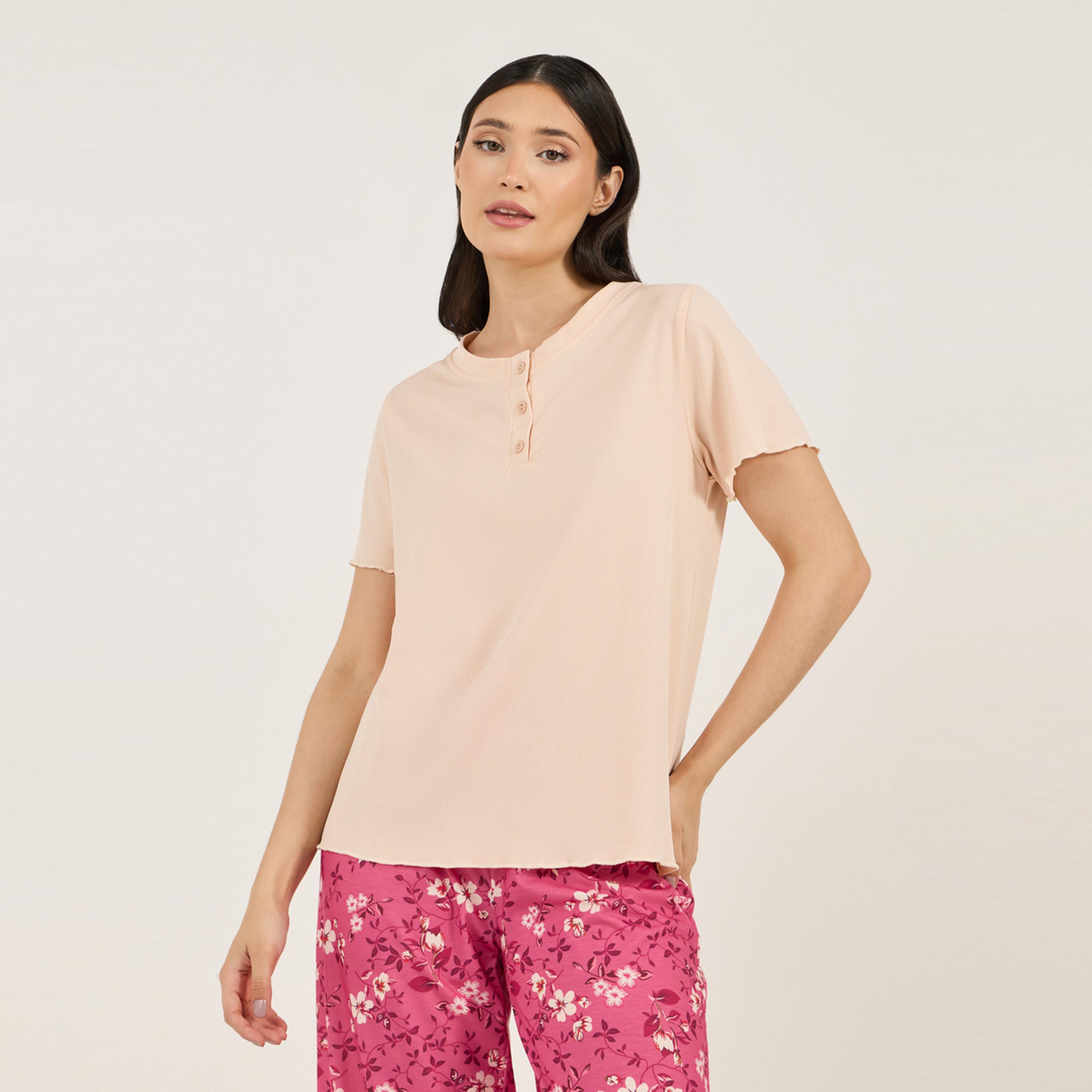 Styli Unwind Rib Placket T-Shirt & Ditsy Floral Print Pyjama Set-women-clothing-nightwear-pyjamas-longsets-image-2