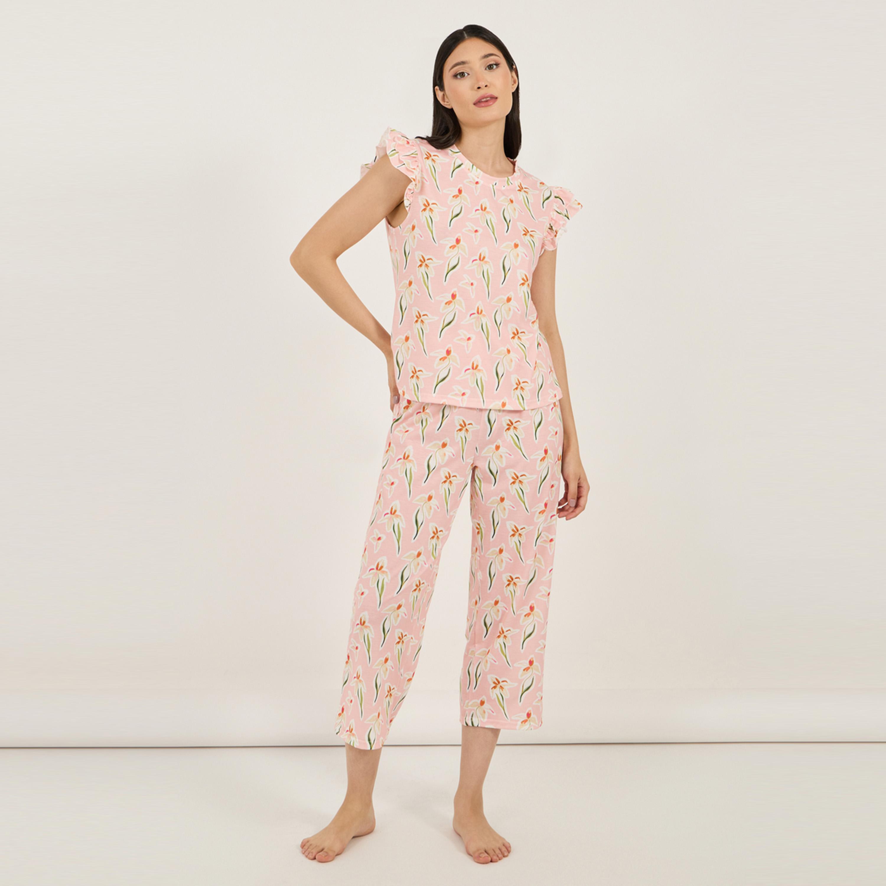 Styli Unwind All Over Floral Print Ruffled Sleeve T-Shirt & Capri Set-women-clothing-nightwear-pyjamas-longsets-image-1