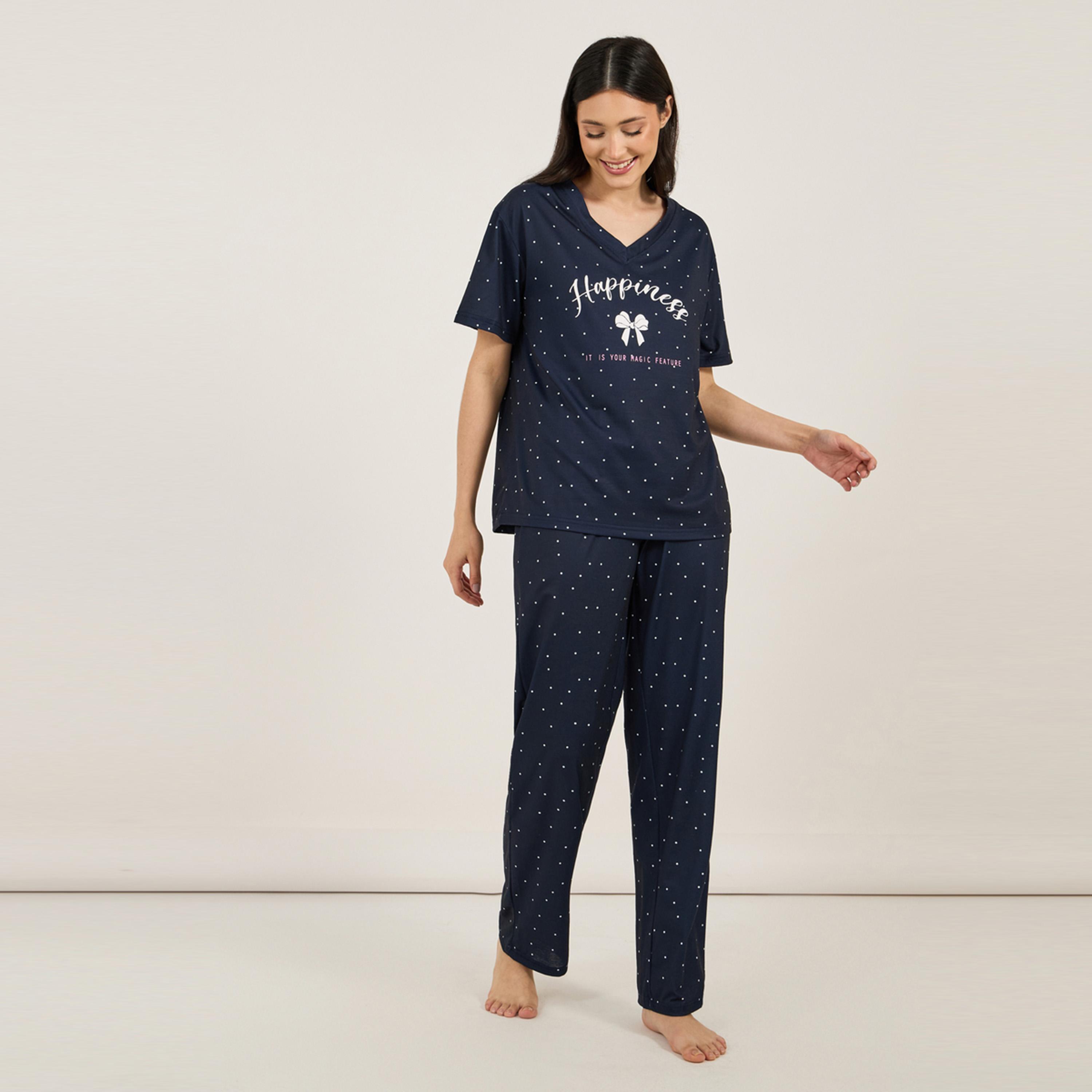 Styli Unwind V Neck Dropped Shoulder Slogan T-Shirt & Spot Print Pyjama Set-women-clothing-nightwear-pyjamas-longsets-image-2
