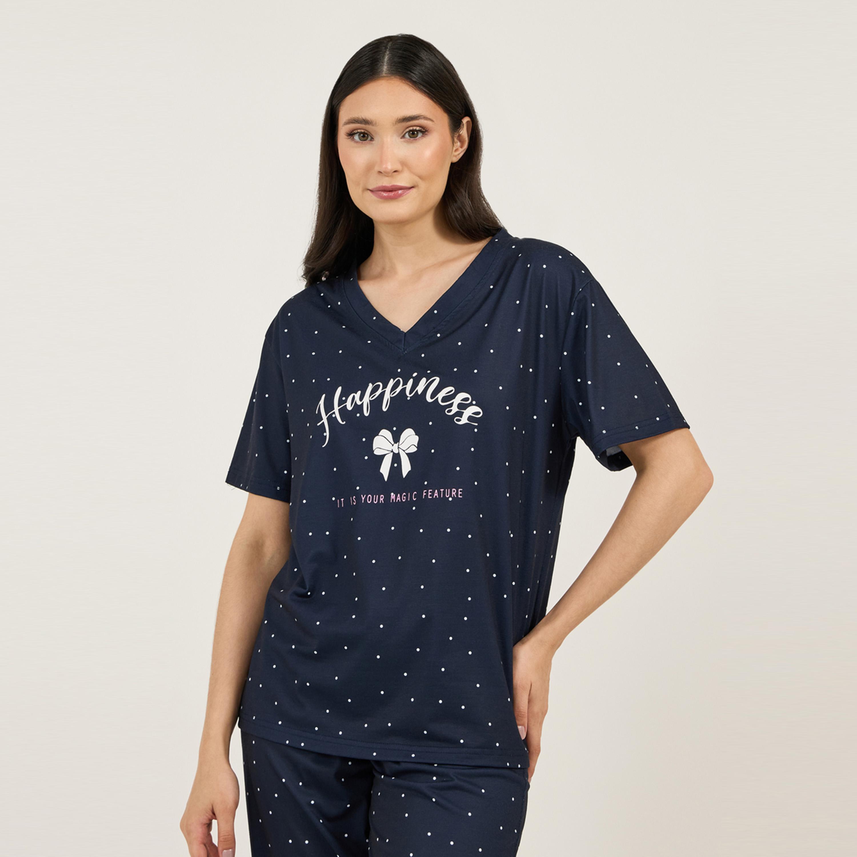 Styli Unwind V Neck Dropped Shoulder Slogan T-Shirt & Spot Print Pyjama Set-women-clothing-nightwear-pyjamas-longsets-image-3