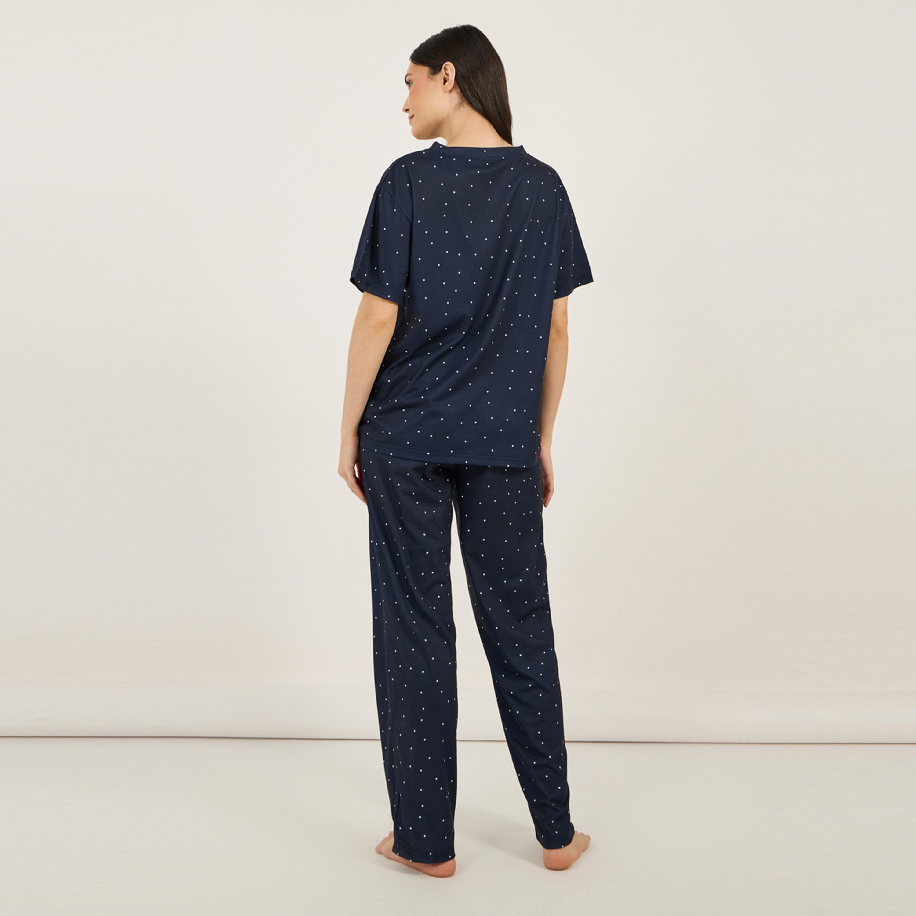 Styli Unwind V Neck Dropped Shoulder Slogan T-Shirt & Spot Print Pyjama Set-women-clothing-nightwear-pyjamas-longsets-image-7