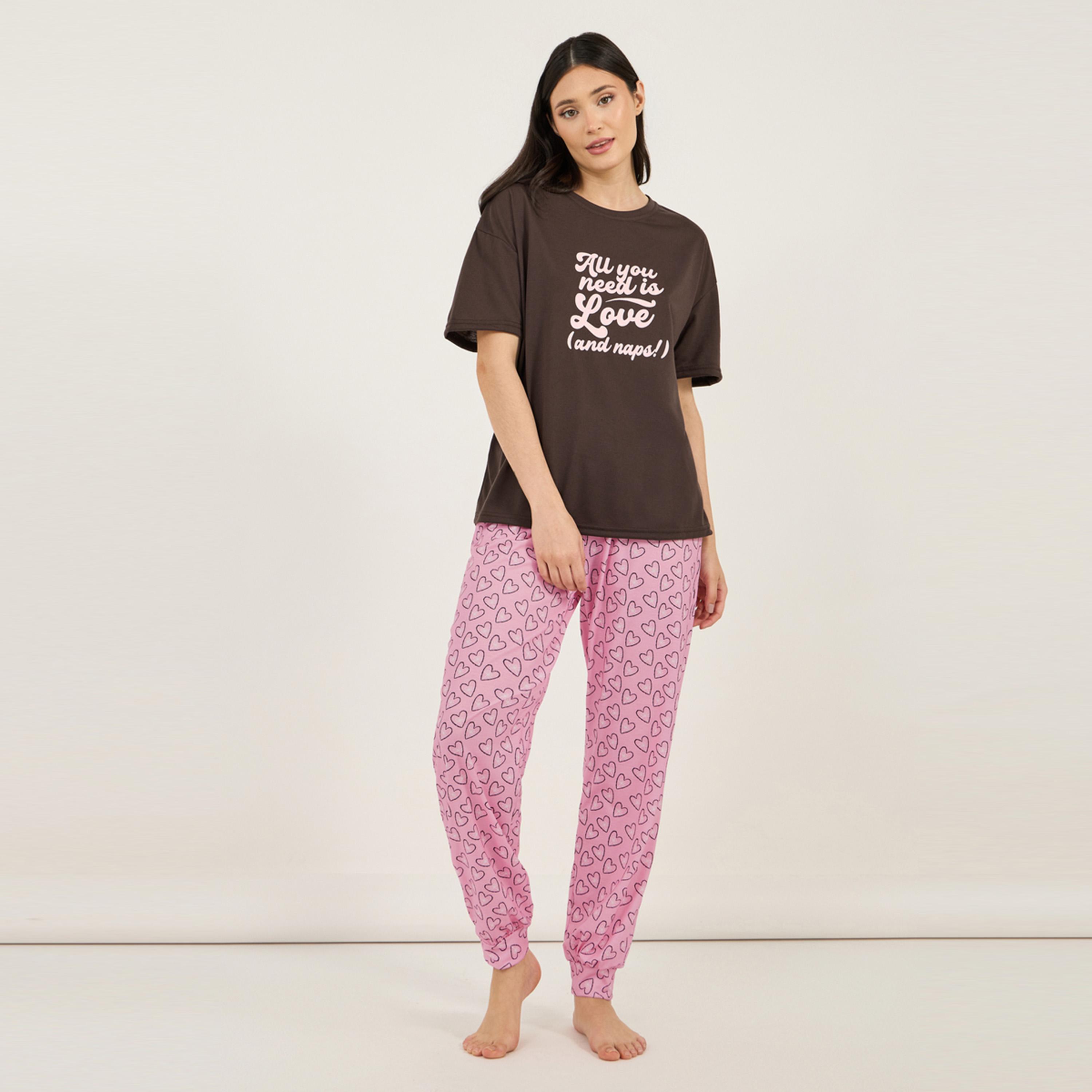 ستايلي - طقم تي شيرت بأكمام منسدلة وبنطال بيجامة أنوايند - قلوب-women-clothing-nightwear-pyjamas-longsets-image-2