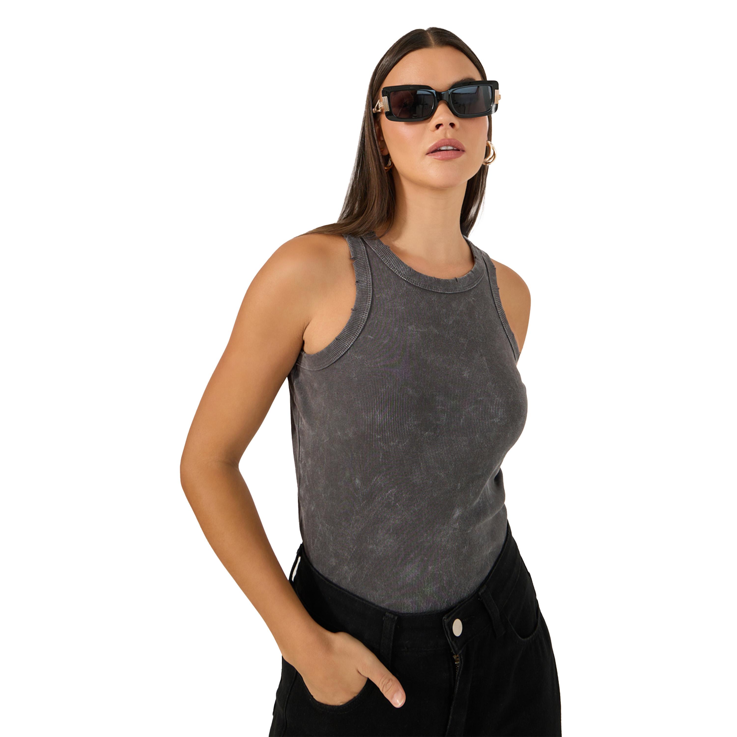 ستايلي - مجموعة من قطعتين - قميص داخلي محبوك مضلع مغسول بالحامض-women-clothing-tshirts-image-2
